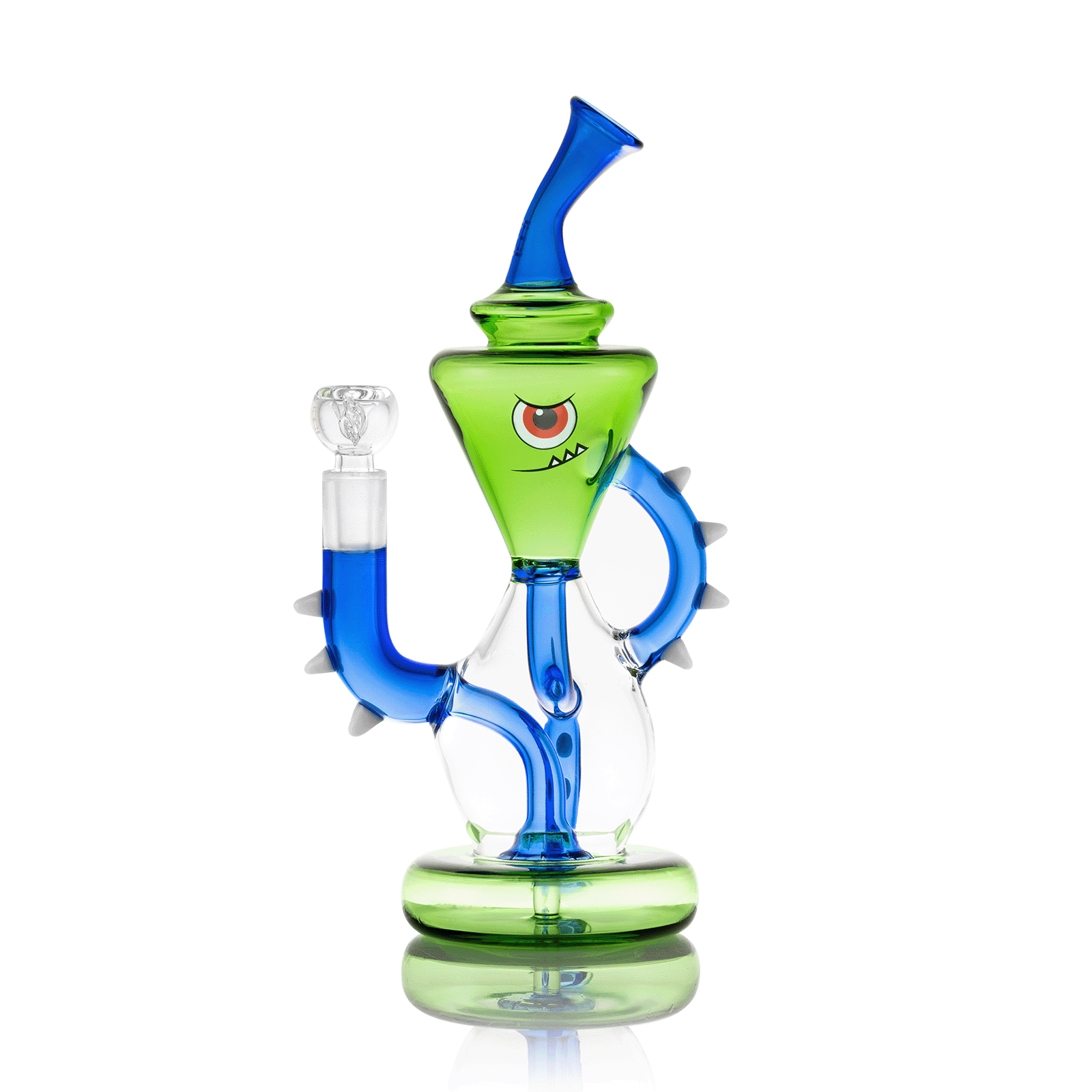 Centered studio shot of the Candy Monster XL Bong 9" showing its green monster head, blue angled neck and spiked blue handles on white background
