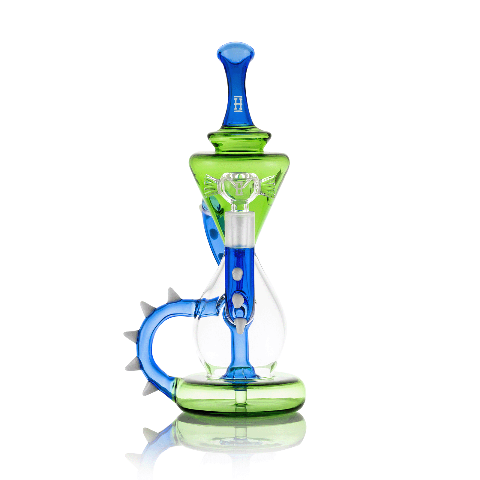 Centered close-up of the Candy Monster XL Bong 9" showing its green base and funnel with a blue spiked handle against a white background