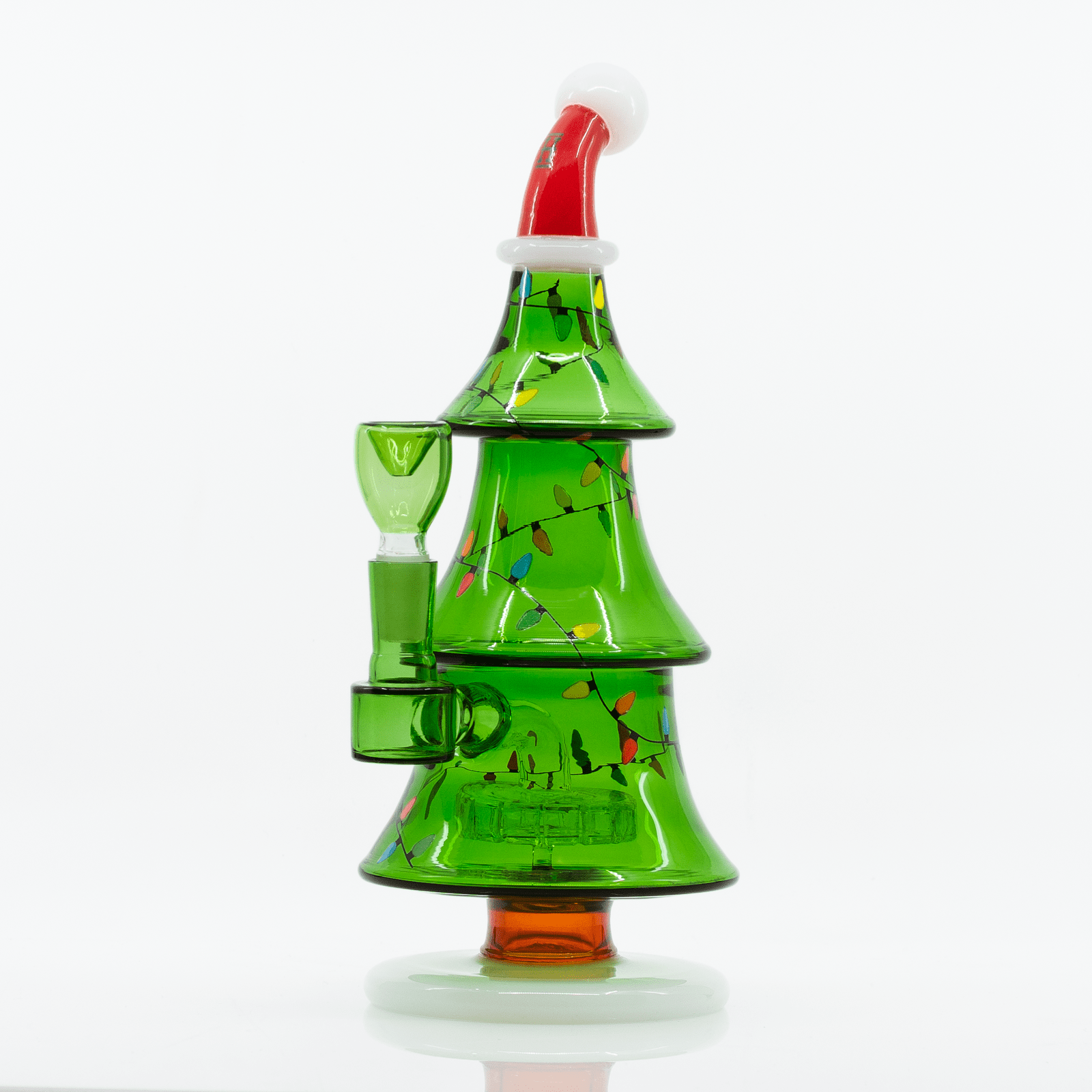 Center-front view of the Christmas Tree XL Bong showing its stacked green glass tree tiers decorated with painted multicolor lights and a red-and-white top.