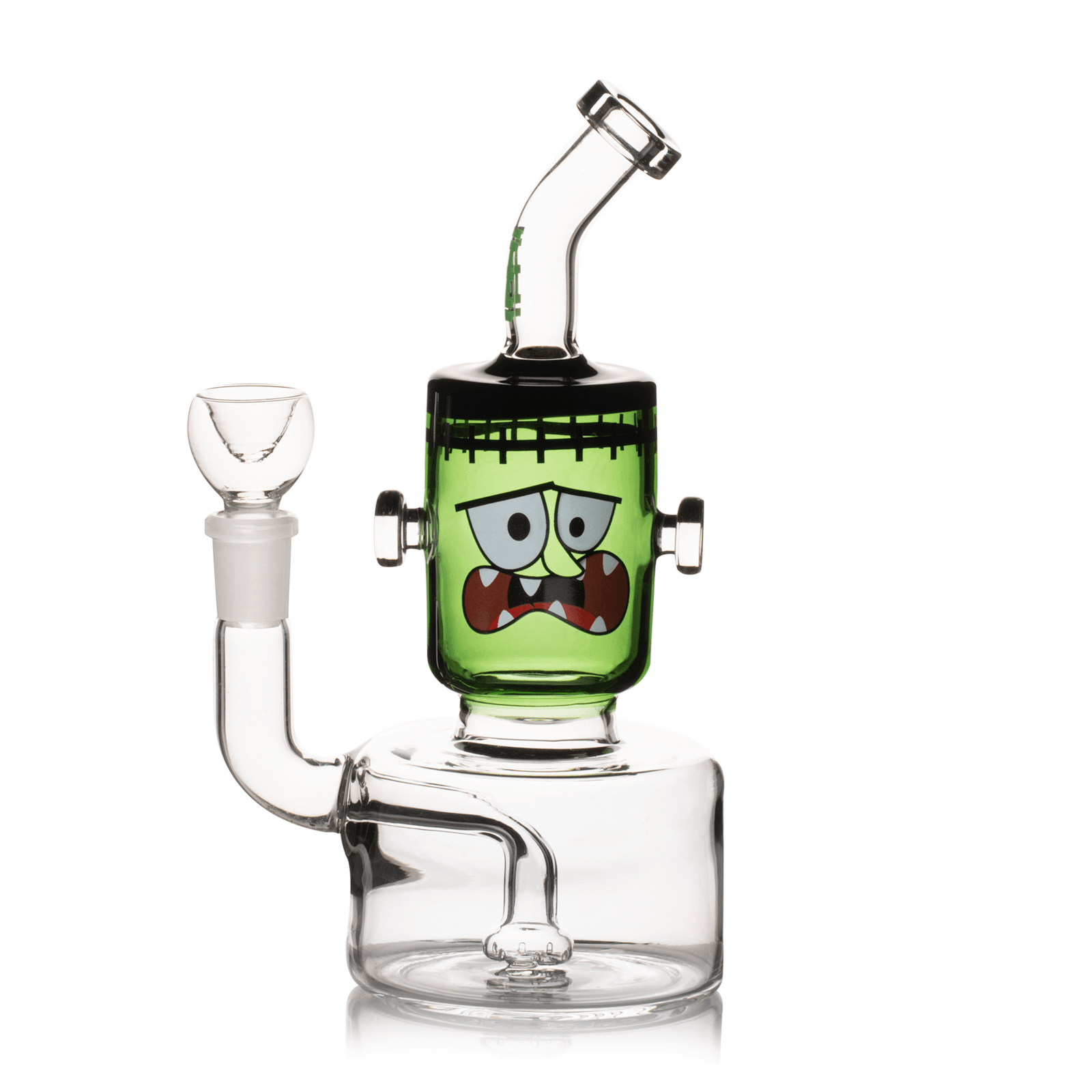 Front view of the 7.5" Dankenstein Bong, a clear glass water pipe with a green, monster-themed design.