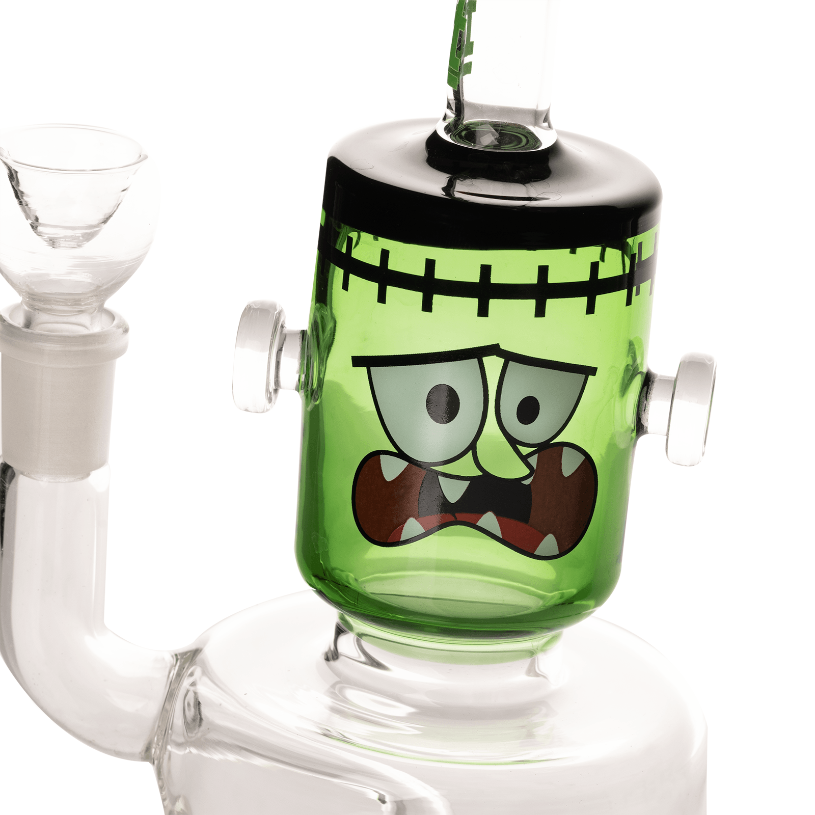 A close-up, angled view of the 7.5" Dankenstein Bong, featuring a green and black monster-themed design on its glass body.