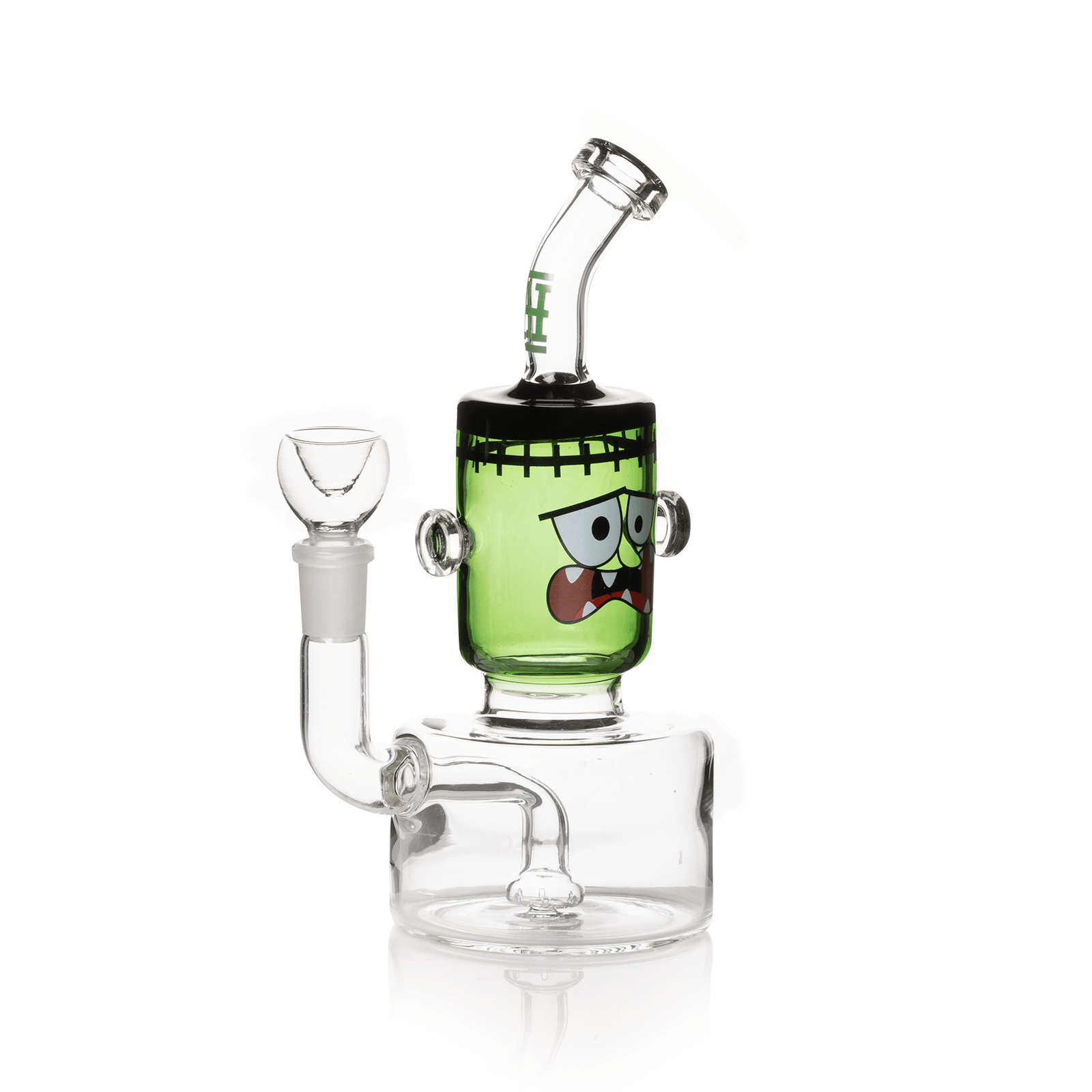 A side view of the 7.5" Dankenstein Bong, showcasing its clear glass construction and unique, monster-themed design.