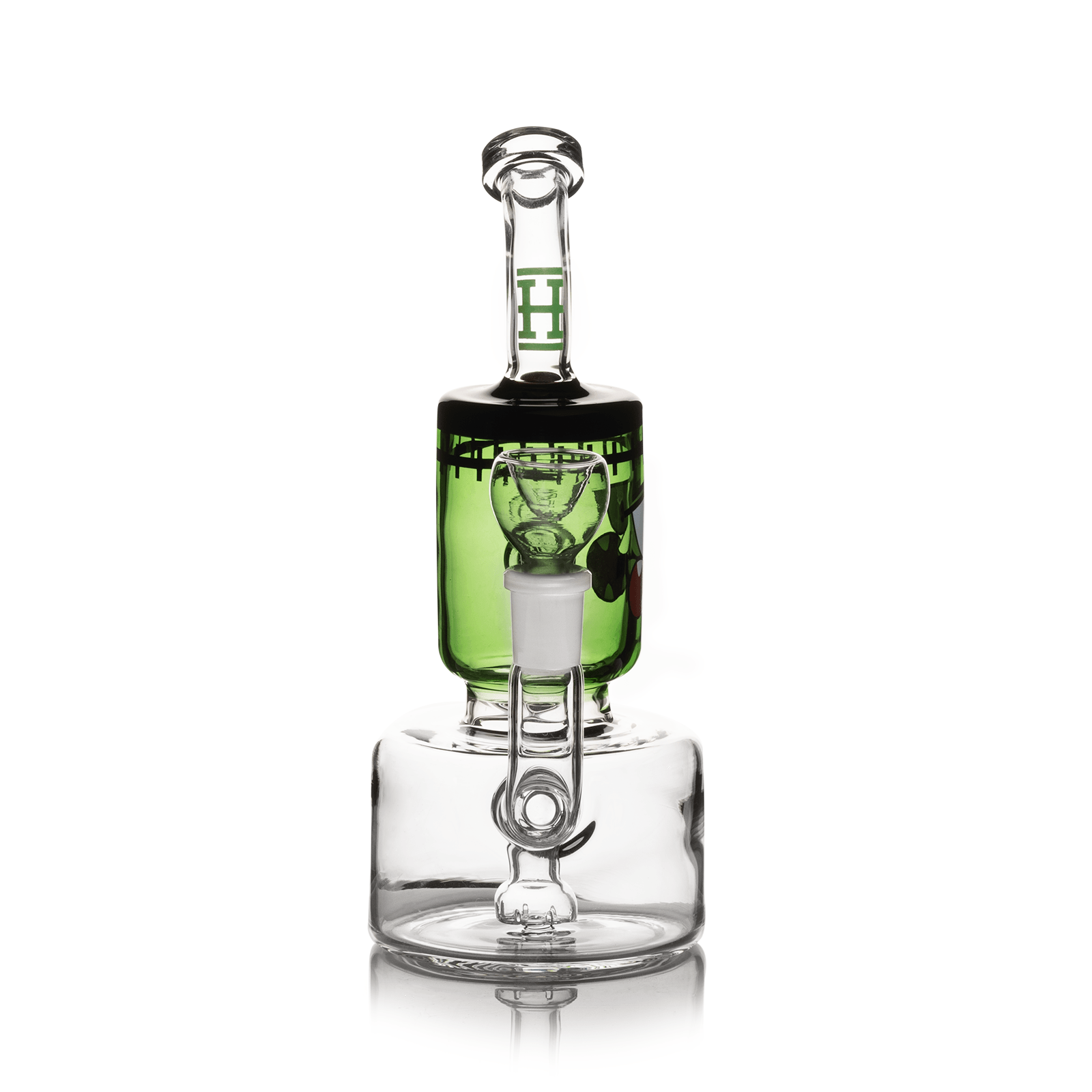 Front view of the Dankenstein Bong 7.5”, a clear glass piece with a unique, sculptural design and visible water line.