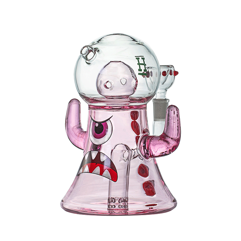Front view of the Dankzilla XL Bong, a vibrant pink glass piece with cartoonish monster details and a bulbous shape.