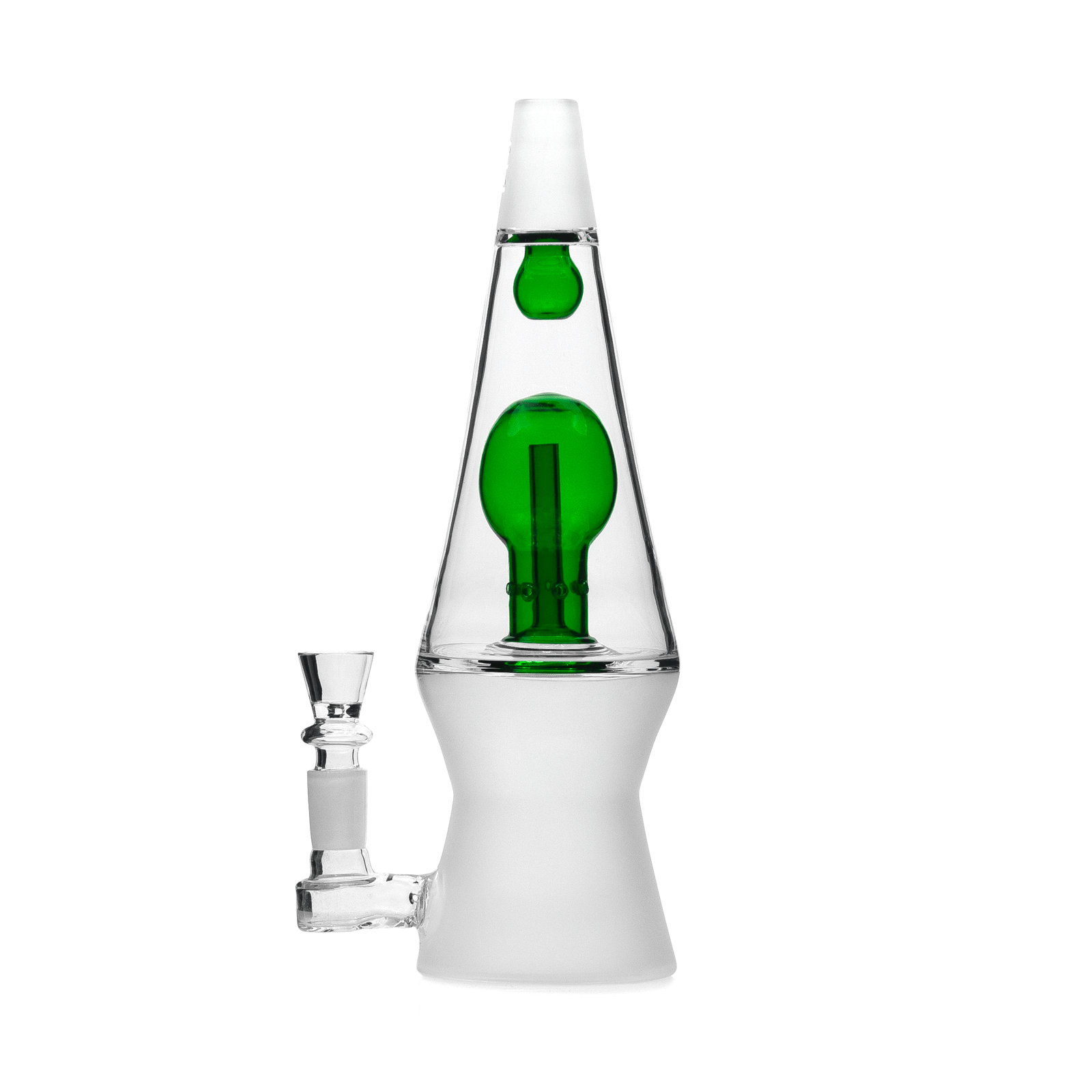 Close-up front view of the 70's XL Bong showing its conical clear glass body with a green internal percolator and frosted white base.
