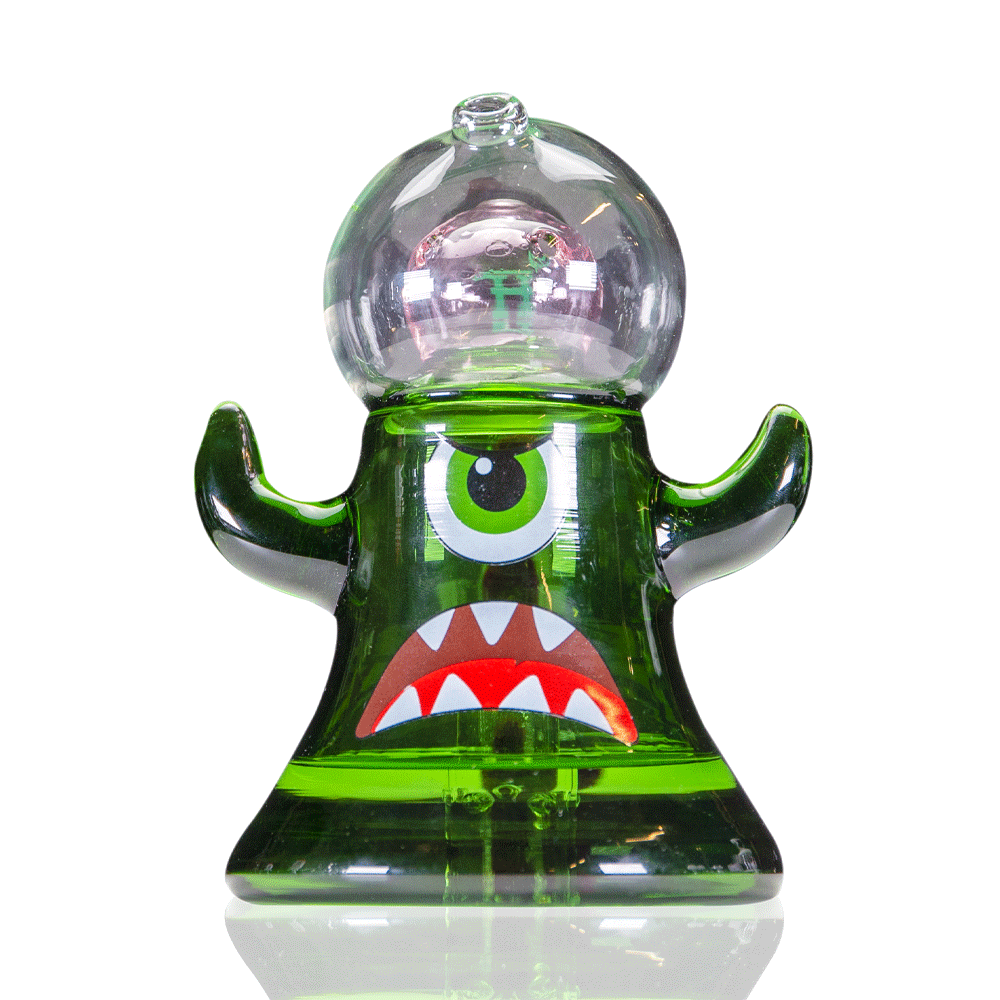 Front view of the Dankzilla XL Bong, a green glass piece with a monster-like design and reflective surface.