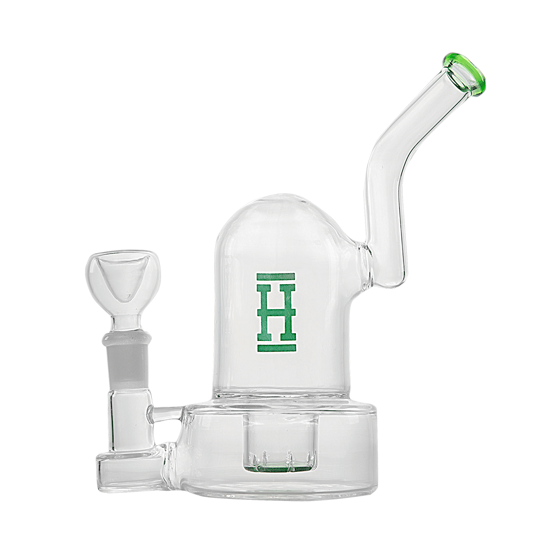 Side view of the clear Hemper Bell Rig with green logo and matching green-rimmed mouthpiece against a white background