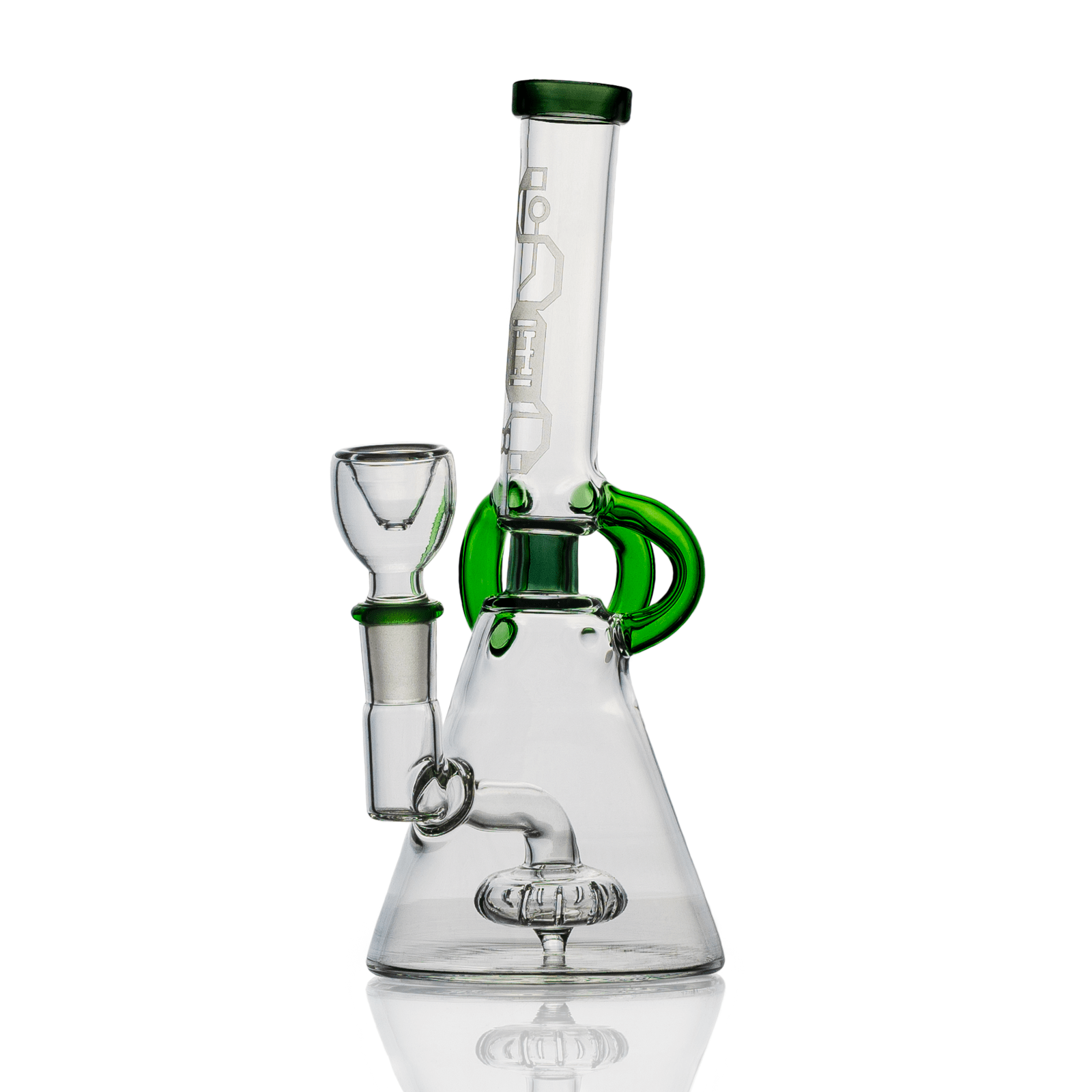 A studio shot of the Hemper Cyberpunk Bong, showcasing its clear glass construction and sleek, modern design on a reflective surface.