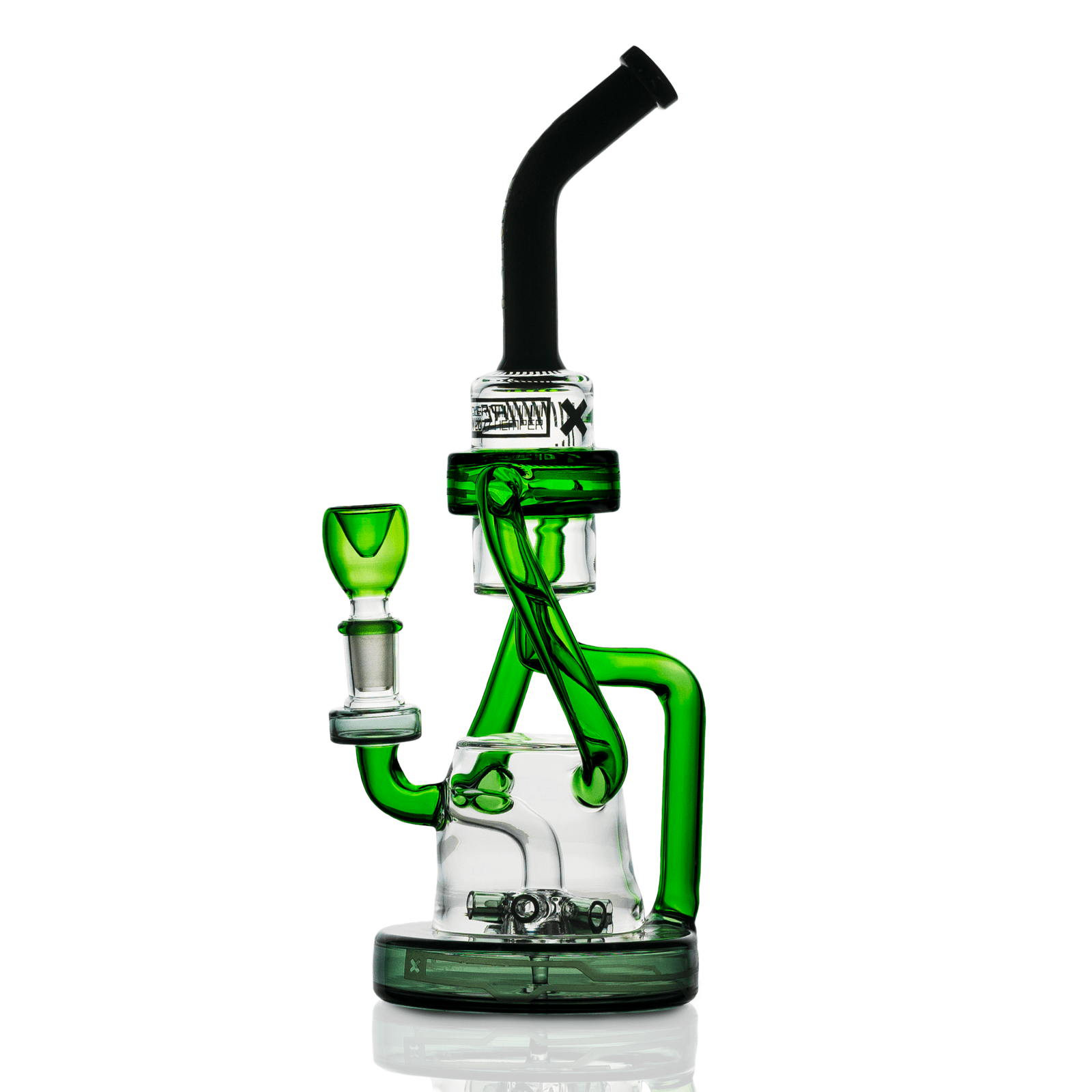 Studio-lit side view of the green and clear Hemper Cyberpunk XL Recycler Bong showing its angled black mouthpiece, twisted green tubing, and detachable bowl.