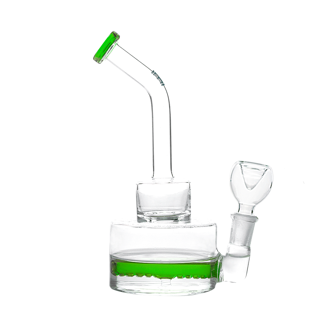 Front view of the Hemper Inline Puck Bong V2| showcasing its clear glass construction and unique dual-chamber design.