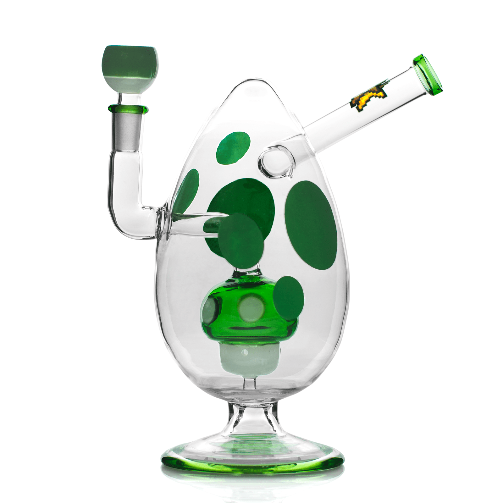 Close-up front view of the Hemper Spotted Egg XL Bong showing its teardrop glass body with green polka dots and matching green mouthpiece.