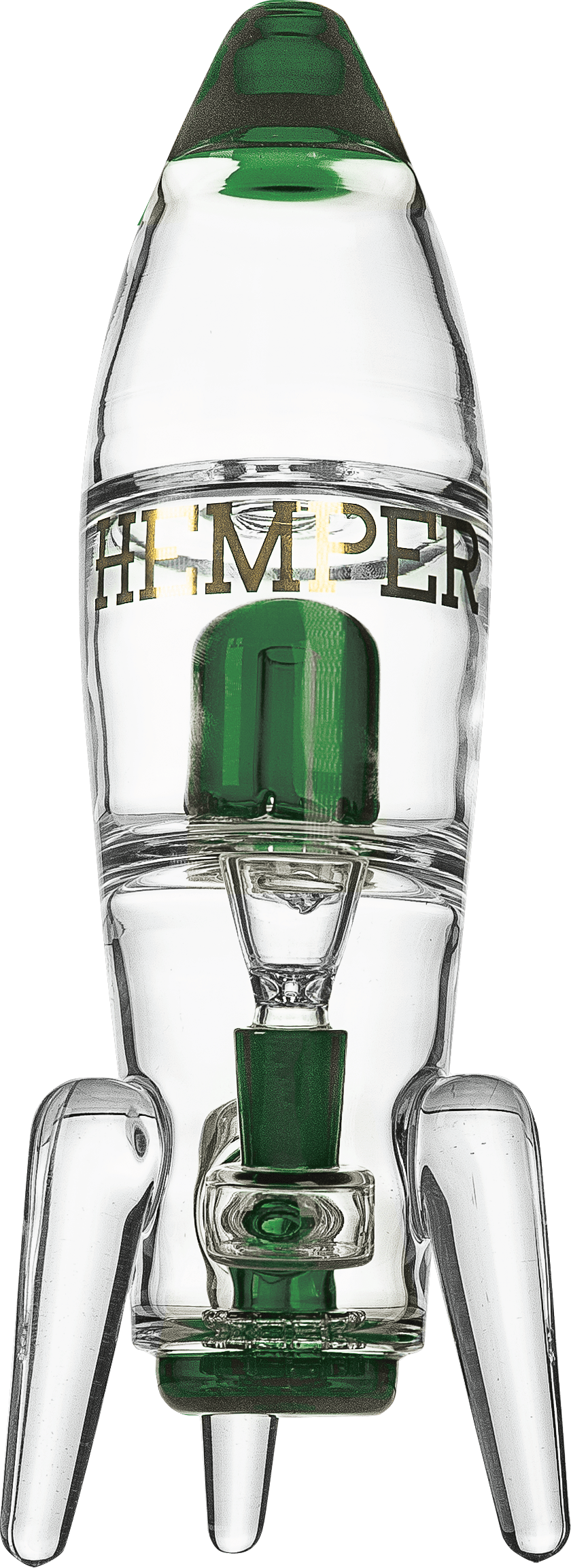 Front view of the Rocket Ship XL Bong showing a clear glass rocket-shaped body with green accents, internal percolator, and tripod legs.