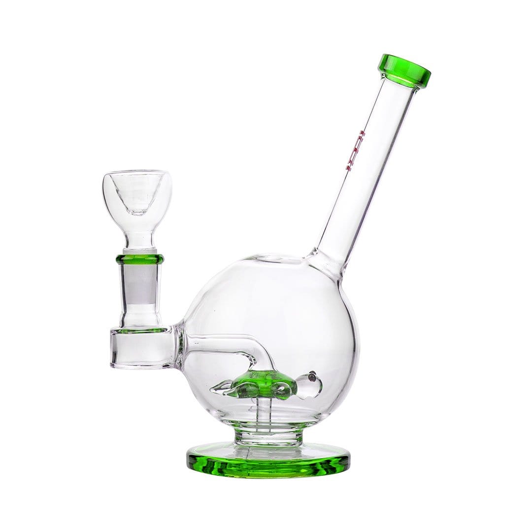 Front view of the Sea Turtle Bong, a clear glass water pipe with a rounded base and green accent at the joint.