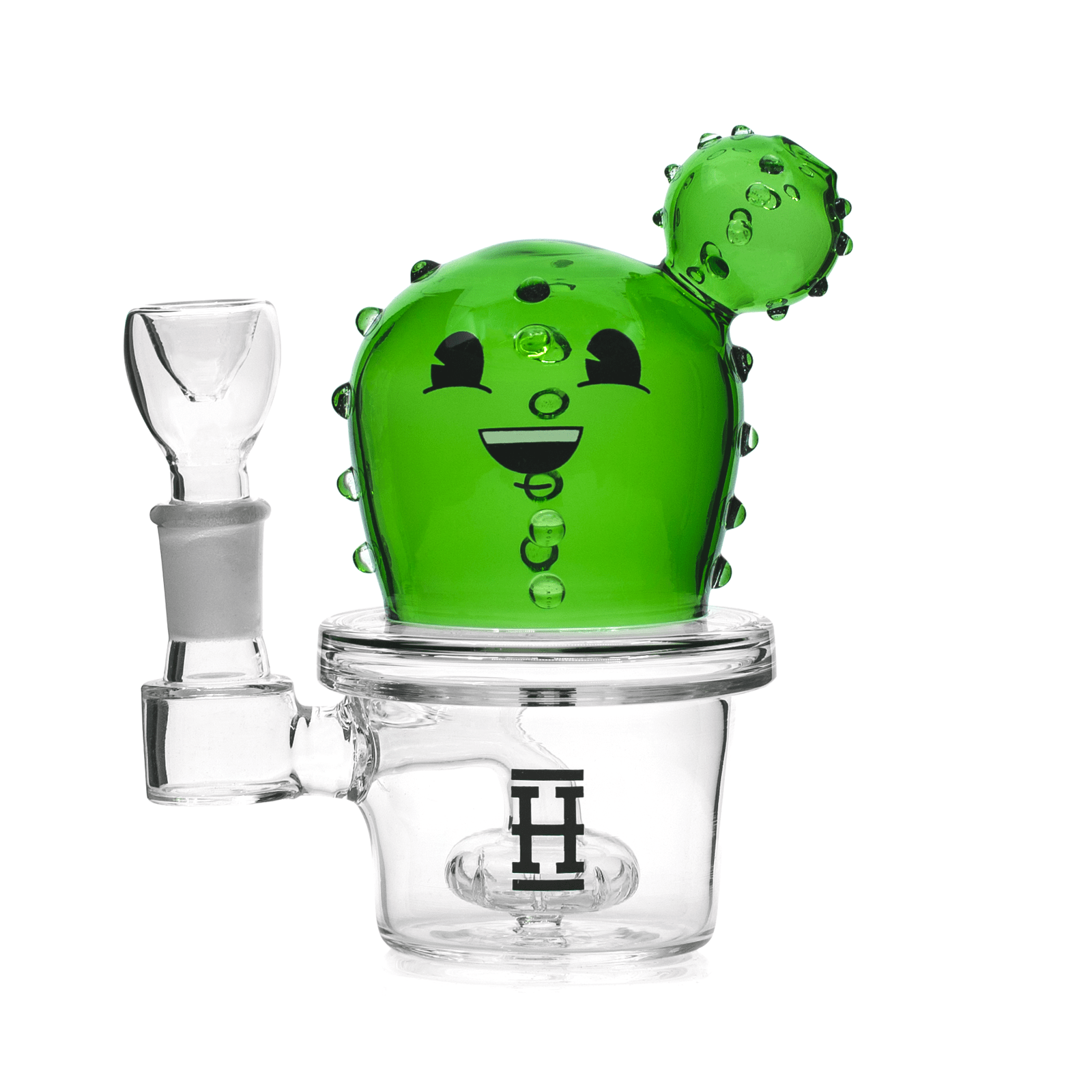 Front view of the Happy Cactus Bong 6”, a green glass bong shaped like a cactus with a clear joint.