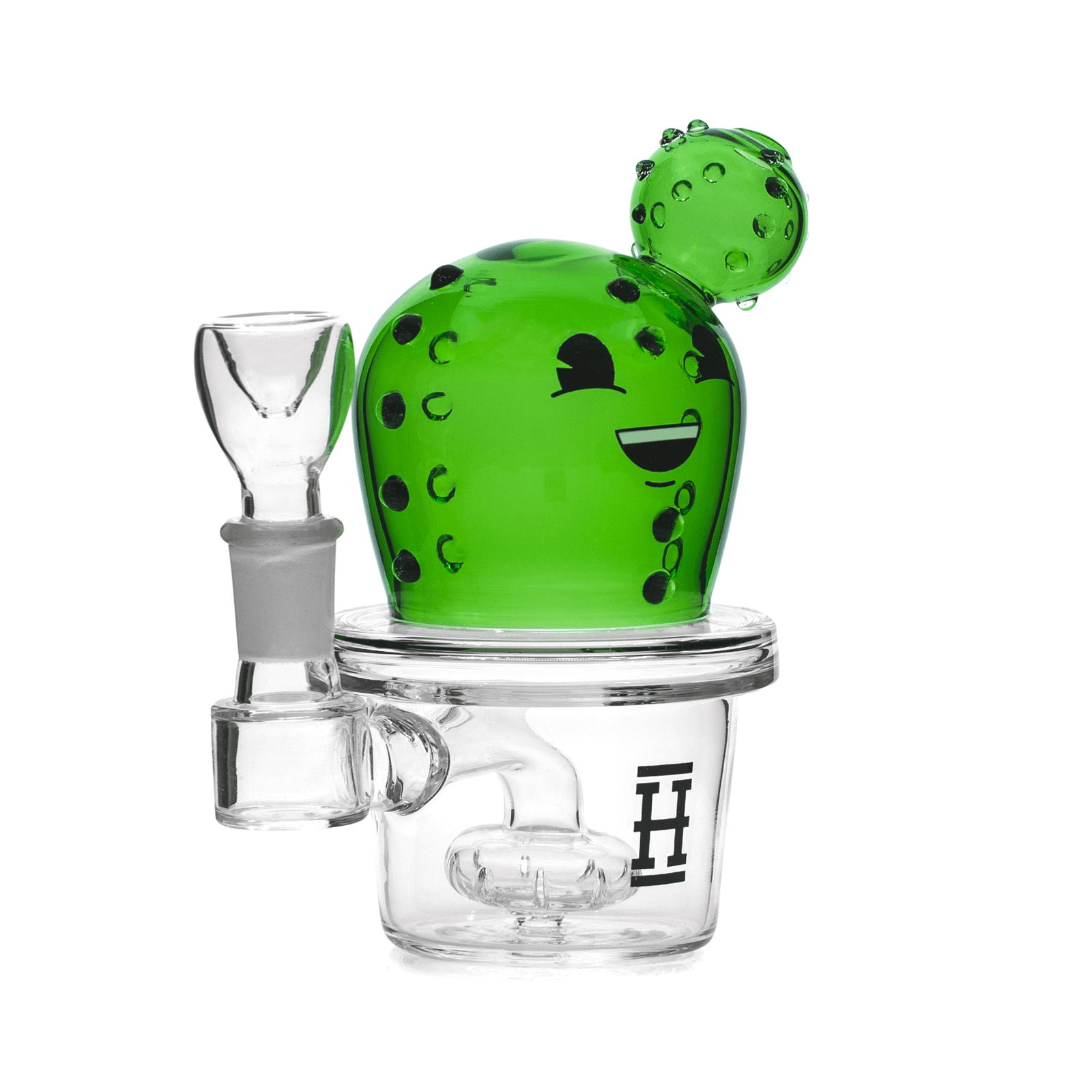 A side view of the 6-inch Happy Cactus Bong, showcasing its green, cactus-shaped glass design and clear mouthpiece.