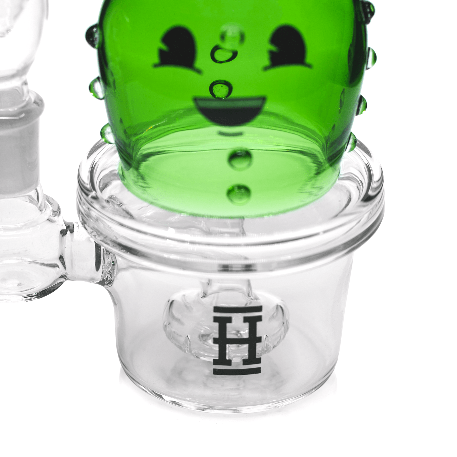 A close-up, angled view of the 6-inch Happy Cactus Bong, showcasing its green, cactus-shaped body and clear glass base.