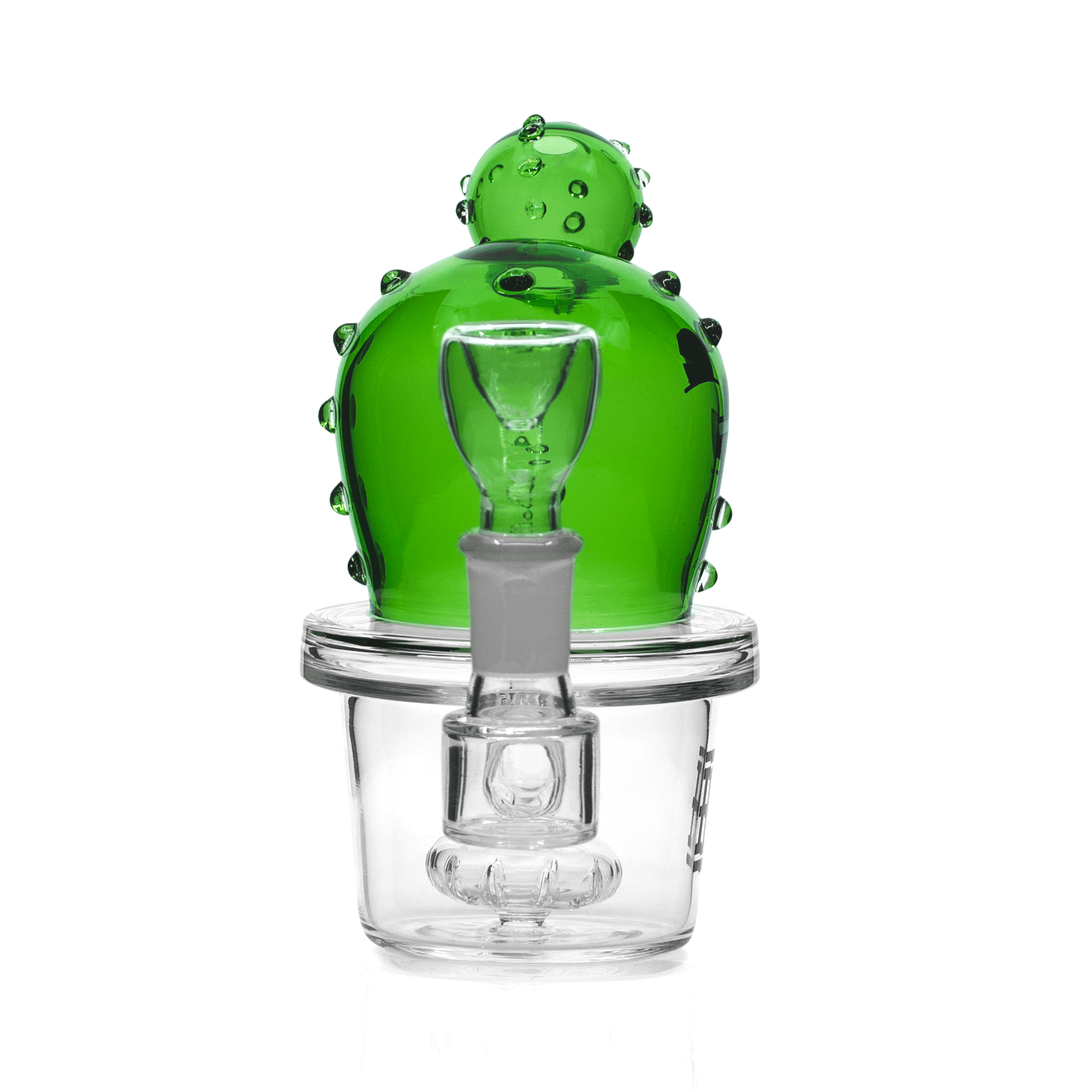 Front view of the Happy Cactus Bong 6”, a green glass bong shaped like a cartoon cactus with a rounded base.