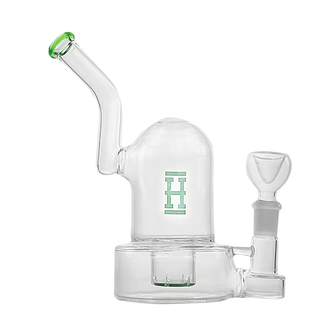 Side view of the Hemper Bell Rig showing its clear glass body, angled mouthpiece with green rim, green "H" logo, and attached bowl.