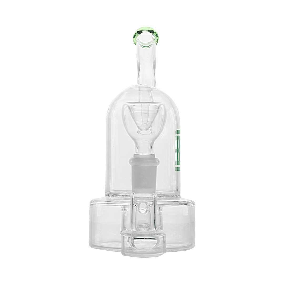 Front-facing close-up of the clear Hemper Bell Rig showing its rounded chamber, upturned mouthpiece with green rim, and visible bowl.