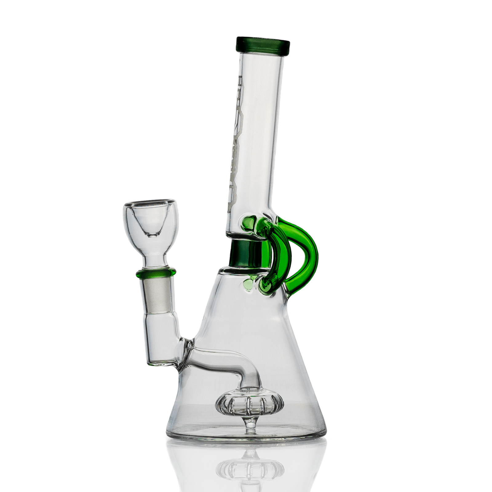 A three-quarter view of the Hemper Cyberpunk Bong, a clear glass water pipe reflecting on a glossy surface.