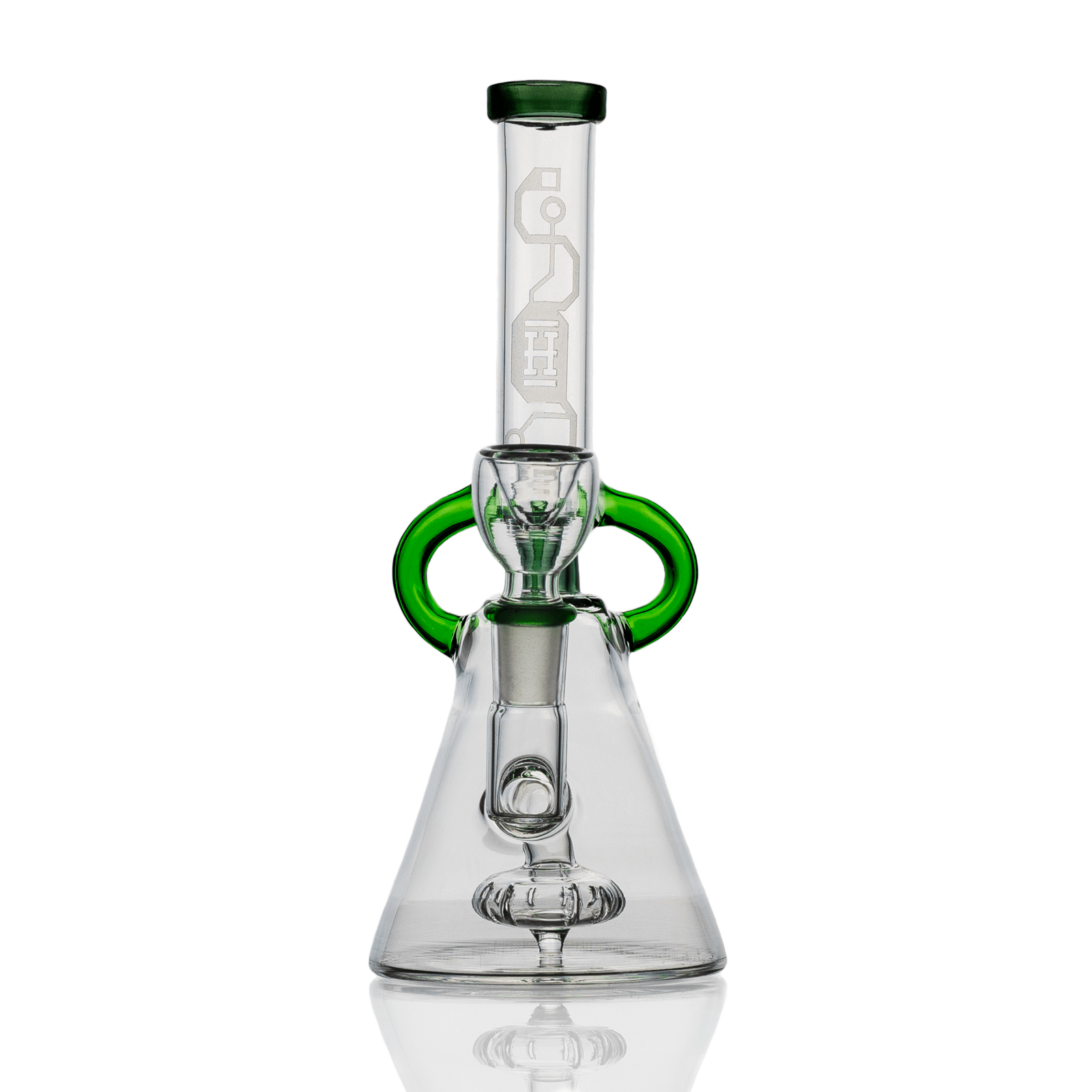 A studio shot of the Hemper Cyberpunk Bong, displaying the clear glass design from a low angle on a reflective surface.