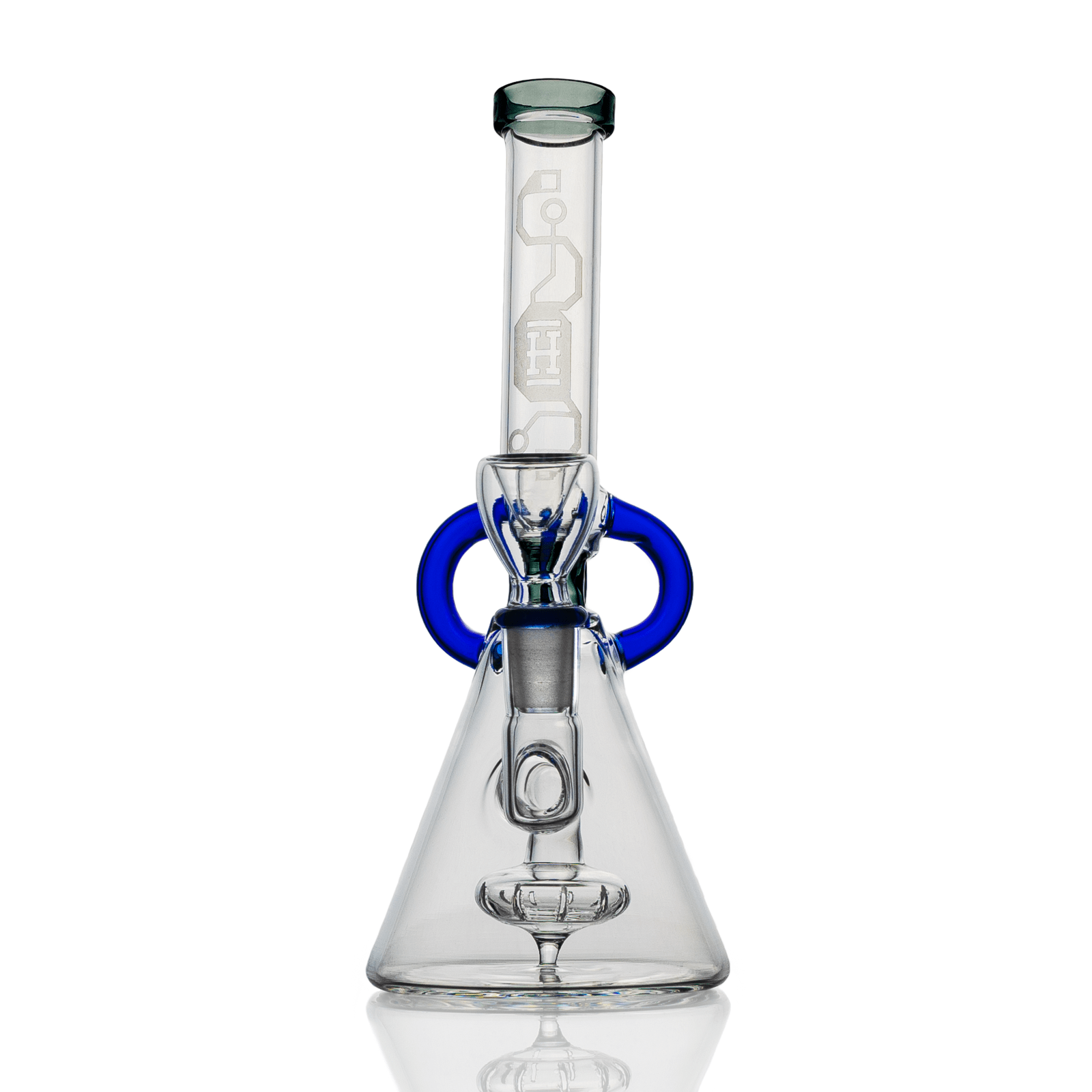 A studio shot displays the Hemper Cyberpunk Bong, a clear glass piece with a sleek, modern design and reflective surface.