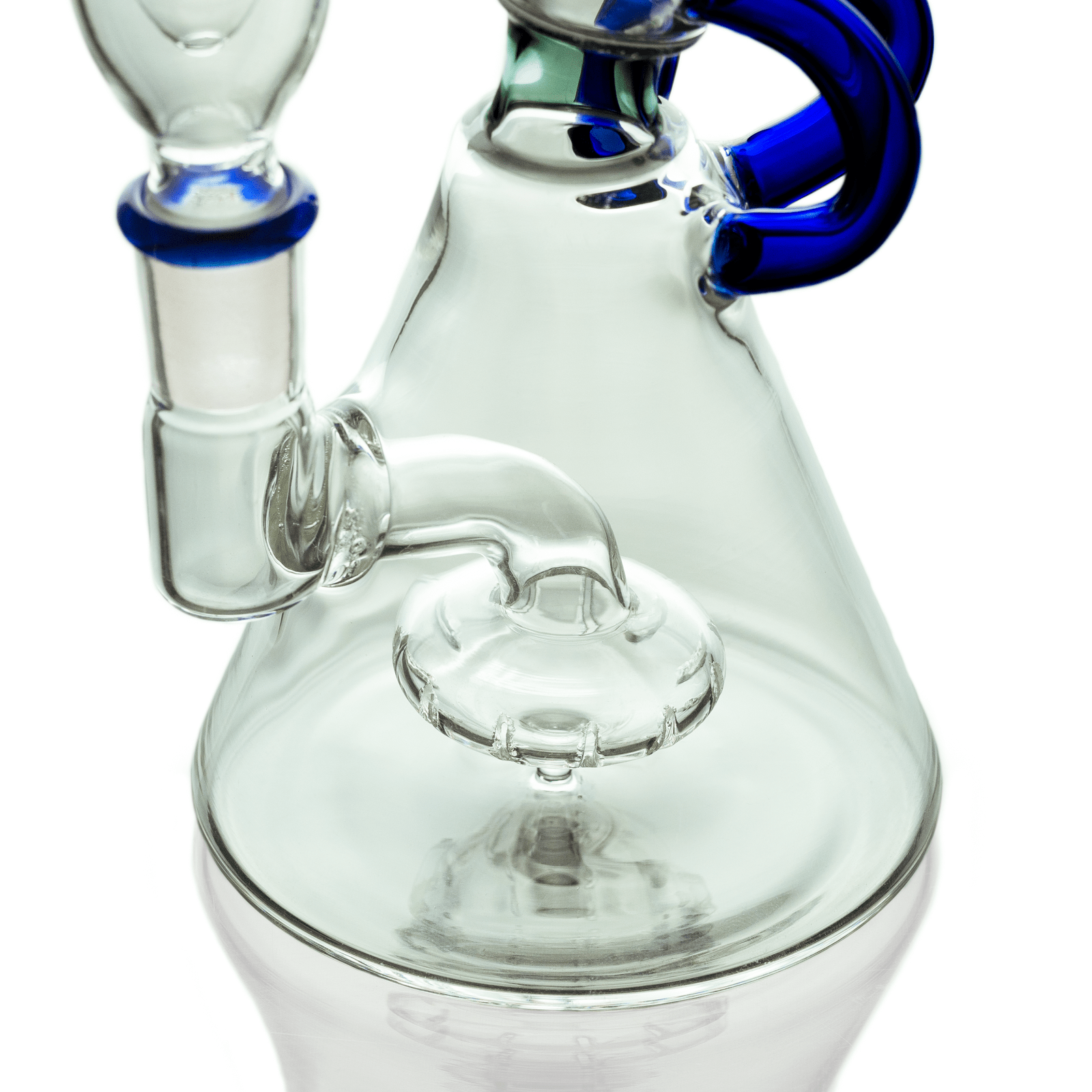 Front view of the Hemper Cyberpunk Bong, a clear glass water pipe with a unique, rounded base and blue accents on the neck.