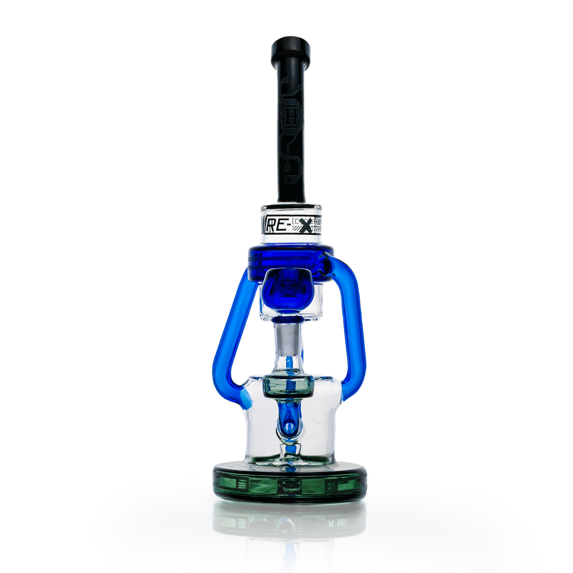 Centered close-up of the Hemper Cyberpunk XL Recycler Bong showing its tall black mouthpiece, blue glass arms, and green base on a white background