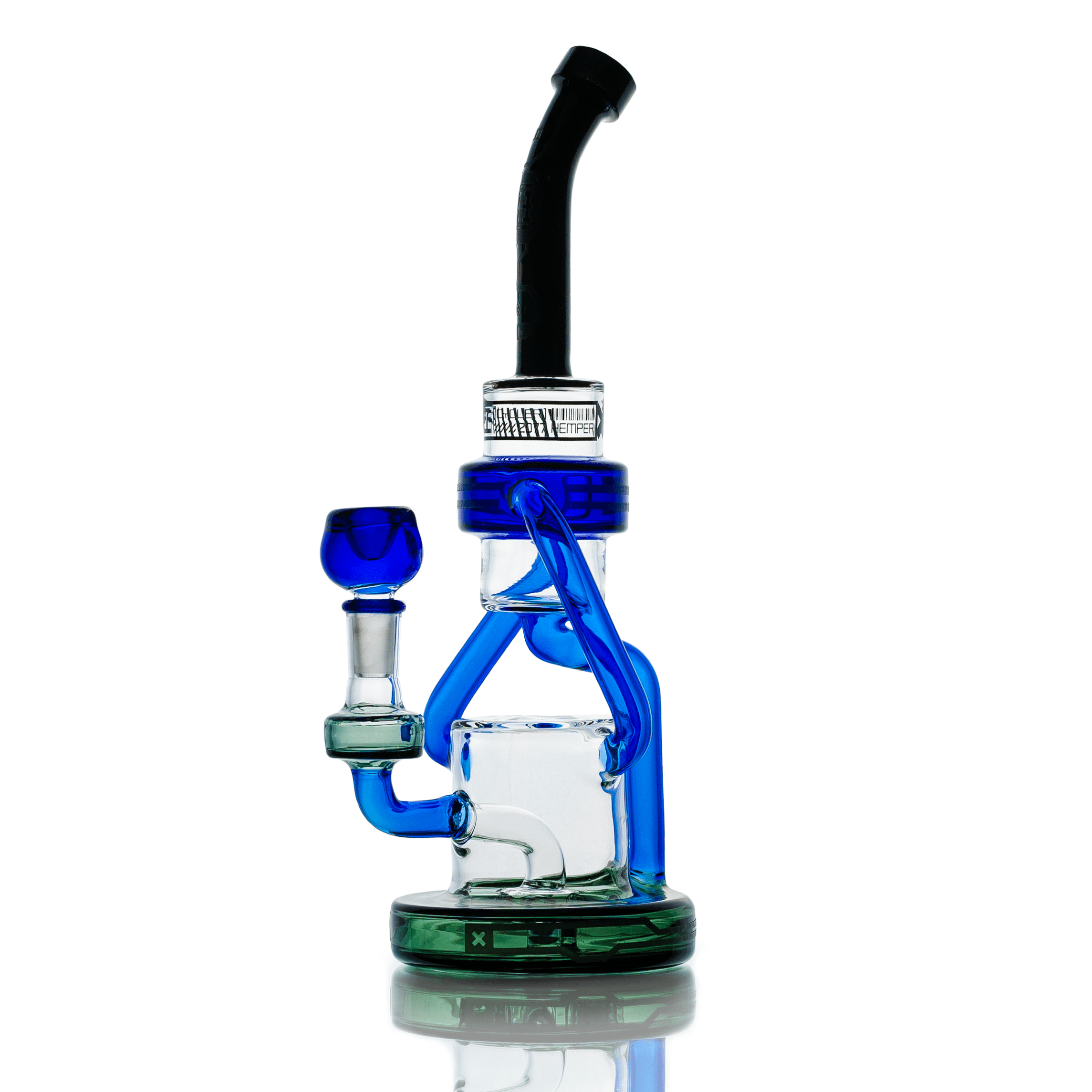Centered close-up of the blue and green Hemper Cyberpunk XL Recycler Bong showing its angled black mouthpiece, twisted blue recycler tubes, and reflective base