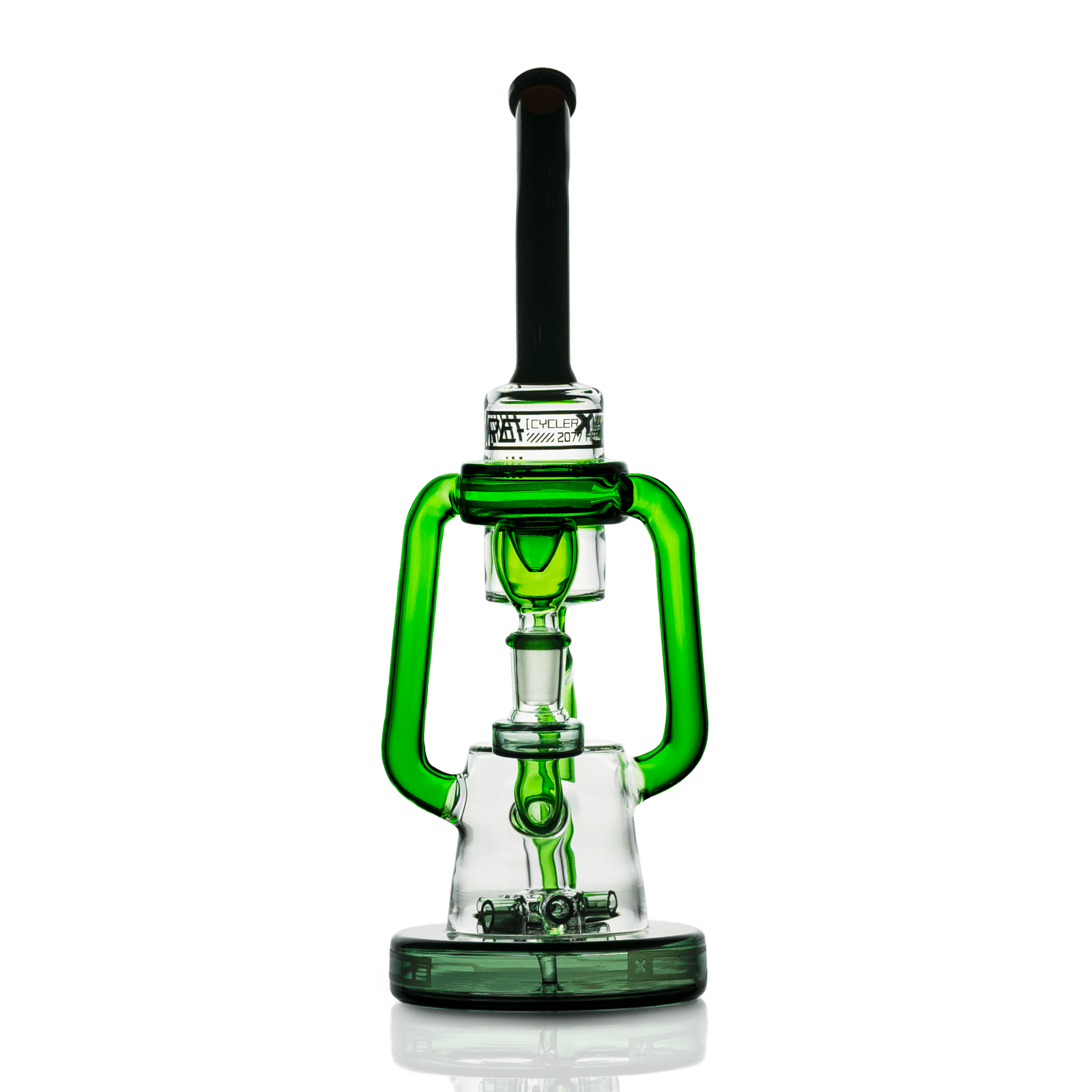 Center-frontal view of the green-accented Hemper Cyberpunk XL Recycler Bong against a white background, showing its square green handles, clear glass recycler chamber, and black mouthpiece.