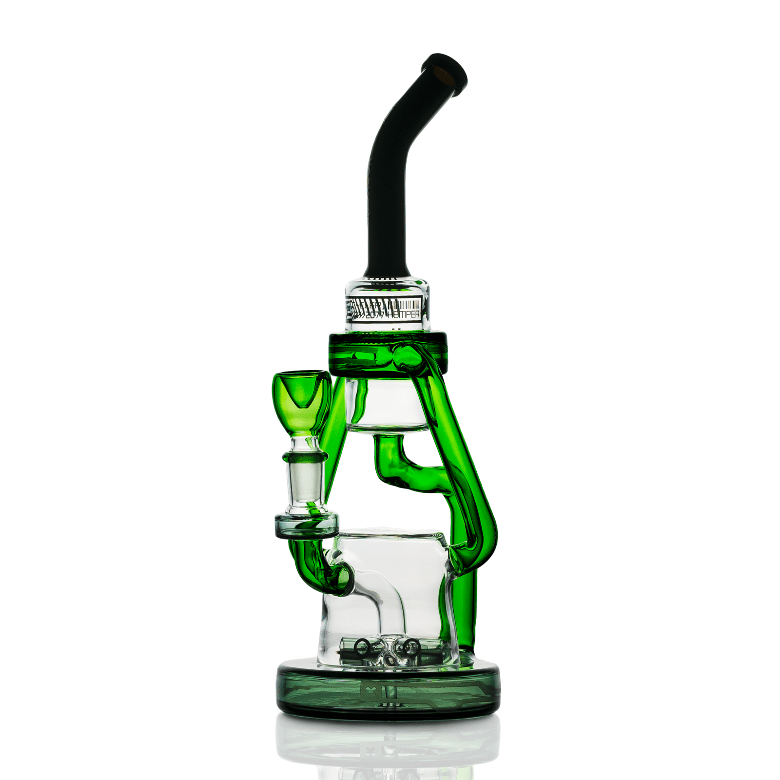 Studio-lit front view of the Hemper Cyberpunk XL Recycler Bong showing green glass tubes and a black angled mouthpiece against a white background