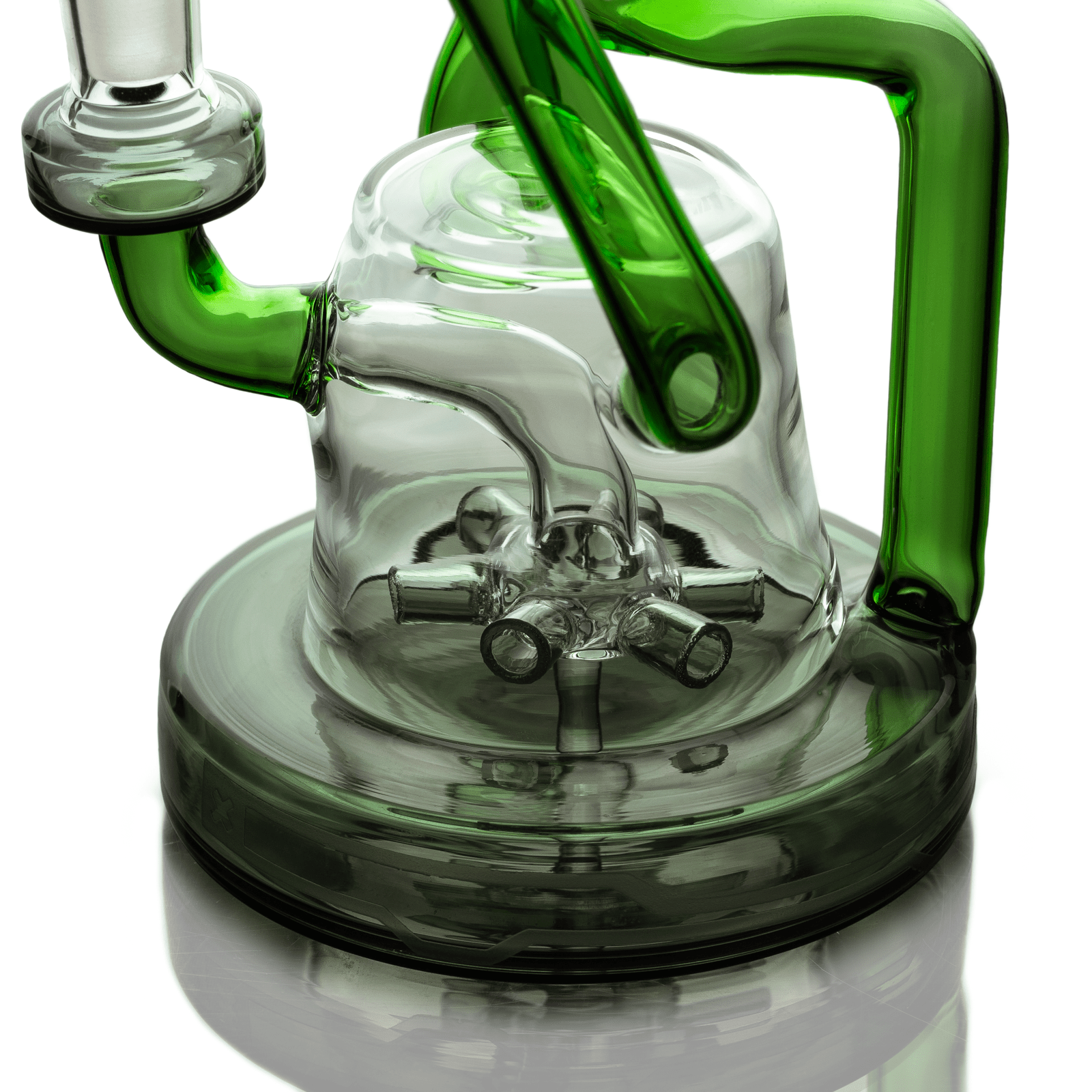 Close-up of the green-accented Hemper Cyberpunk XL Recycler Bong showing the angled recycler arms and percolator inside a clear glass chamber.