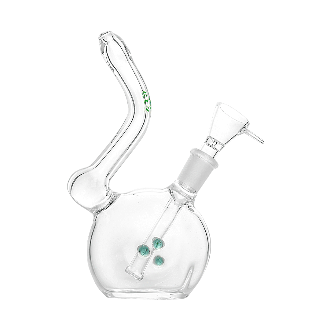 Front view of the Hemper Flavor Saver Rig, a clear glass rig angled slightly to display its joint and rounded base.
