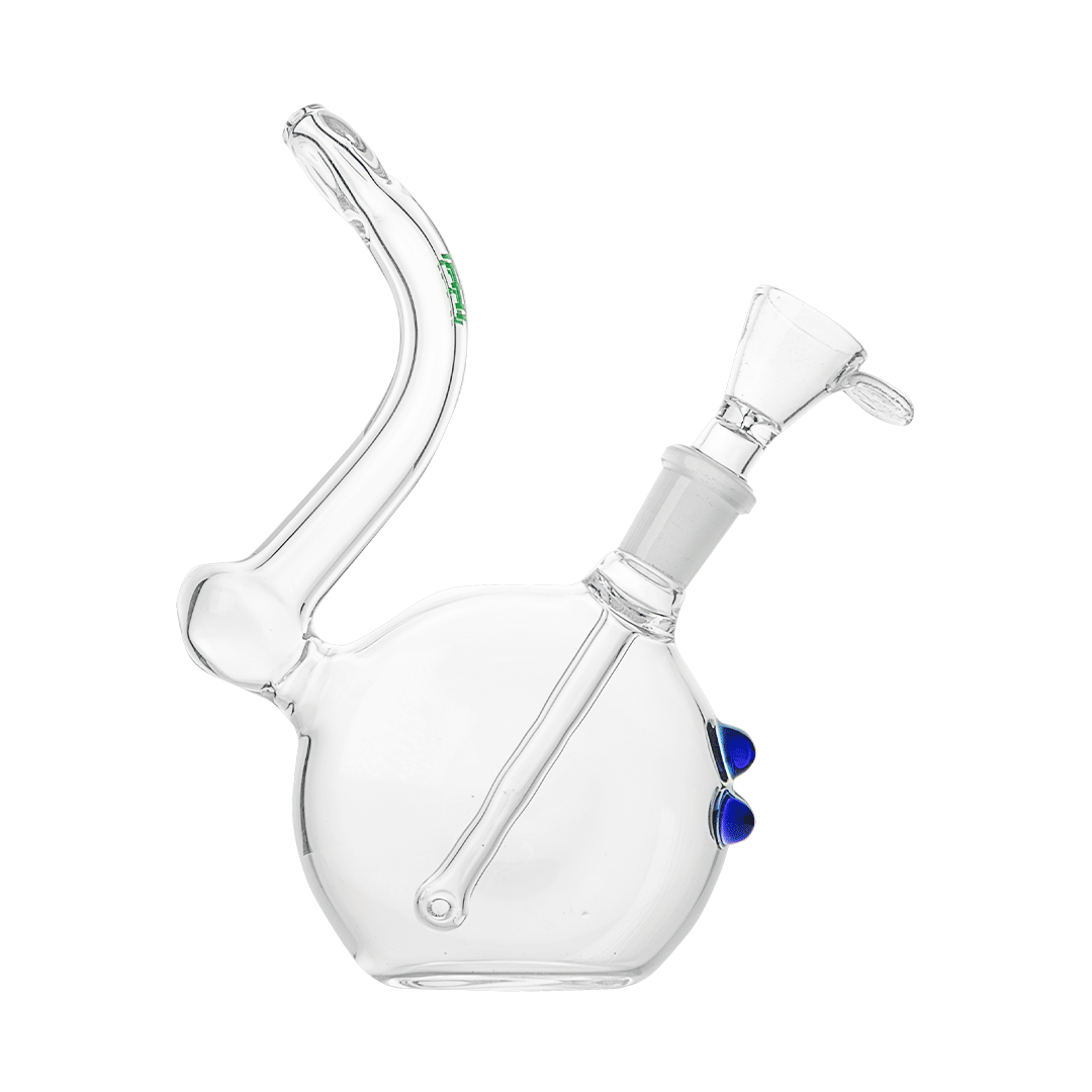 A three-quarter view of the Hemper Flavor Saver Rig, showing the clear glass construction and simple, compact design.