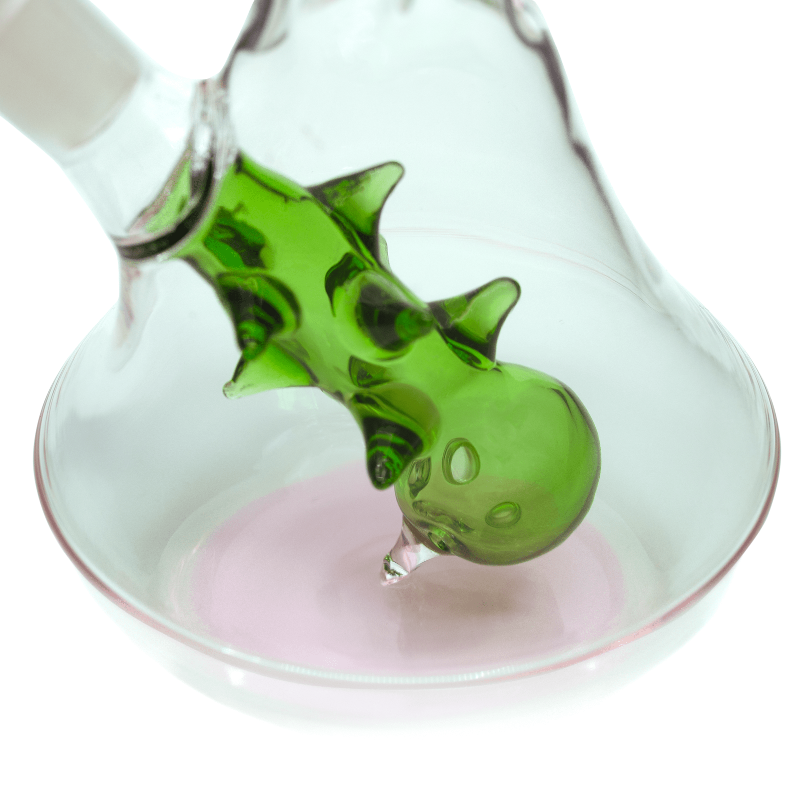 A close-up, angled view of the Hemper Flower Vase Bong, showcasing its clear glass construction and floral-inspired shape.