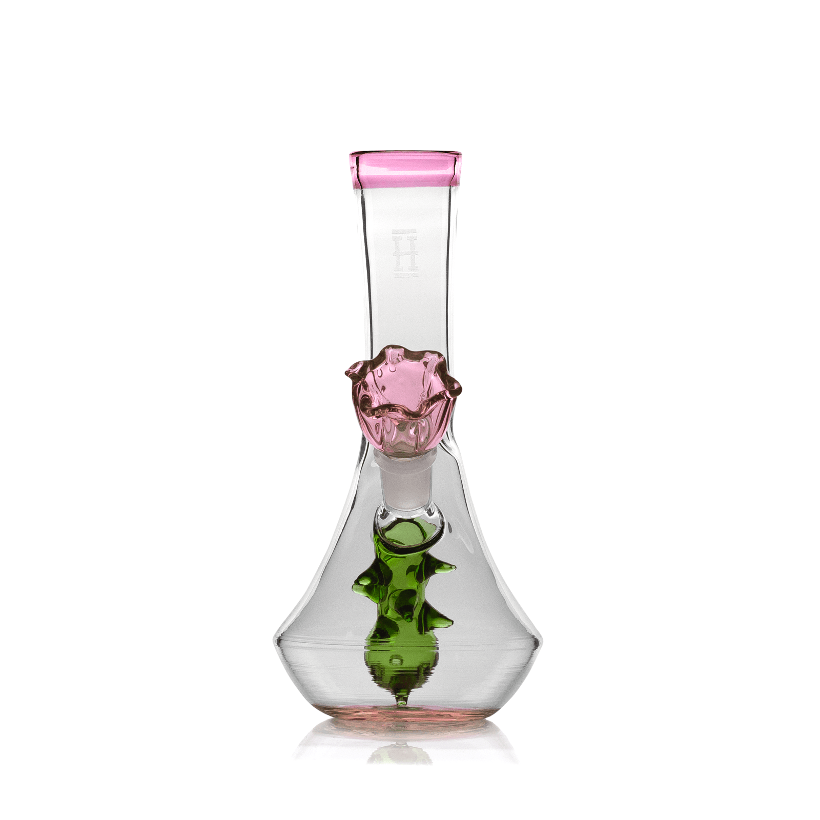 A front view of the Hemper Flower Vase Bong, featuring a clear glass body and a decorative floral pattern at the base.