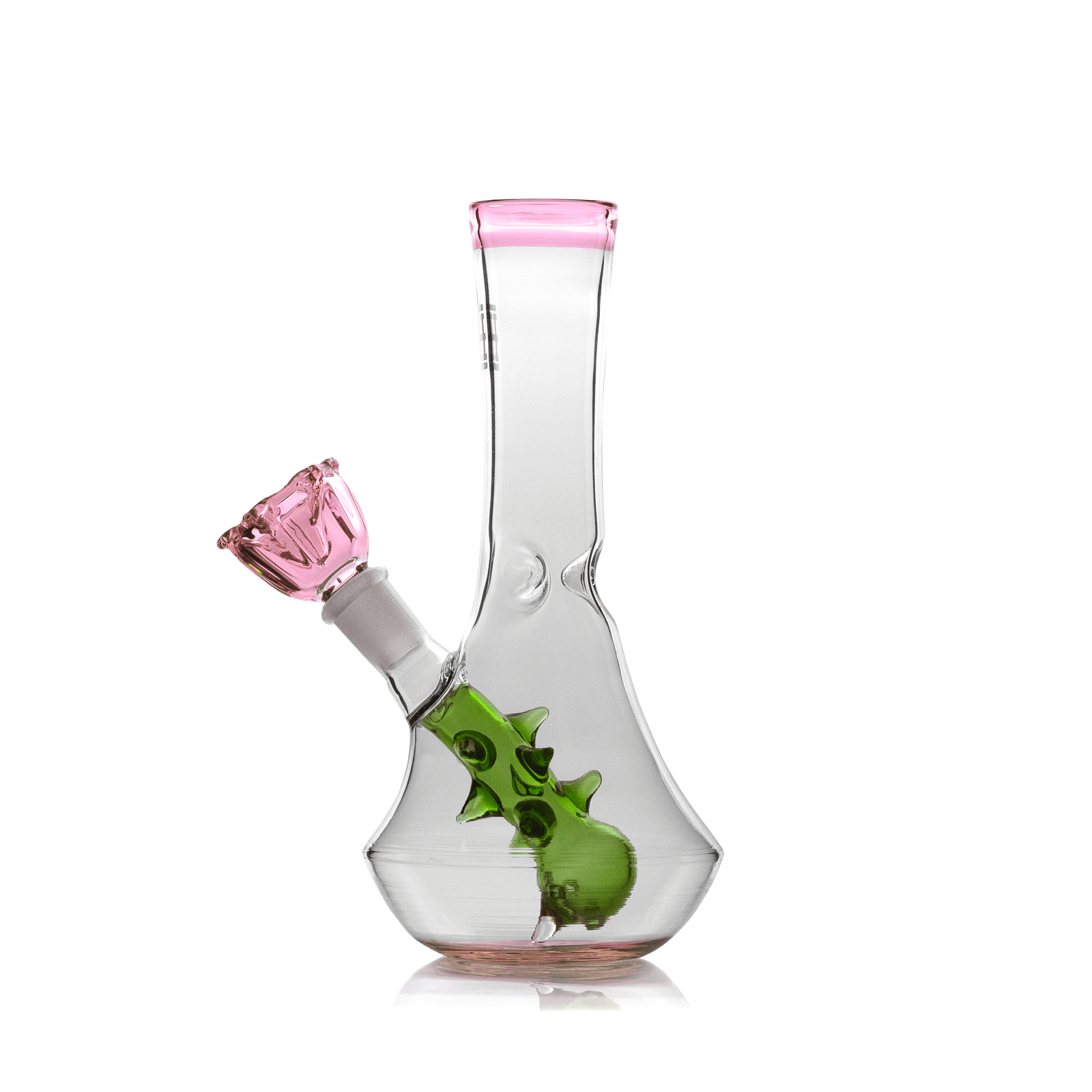 Front view of the Hemper Flower Vase Bong, showcasing its clear glass construction and floral-inspired design on a reflective surface.