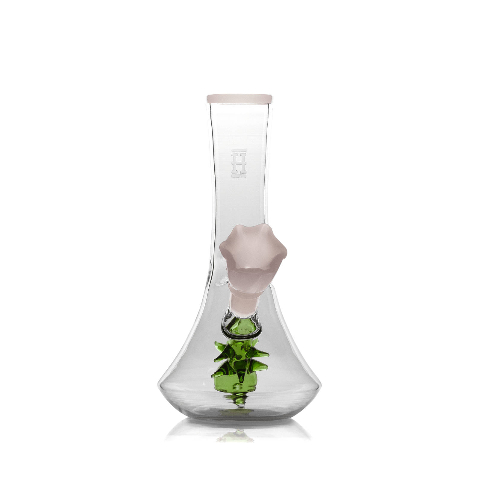 A front view of the Hemper Flower Vase Bong, showcasing its clear glass construction and floral-inspired design.