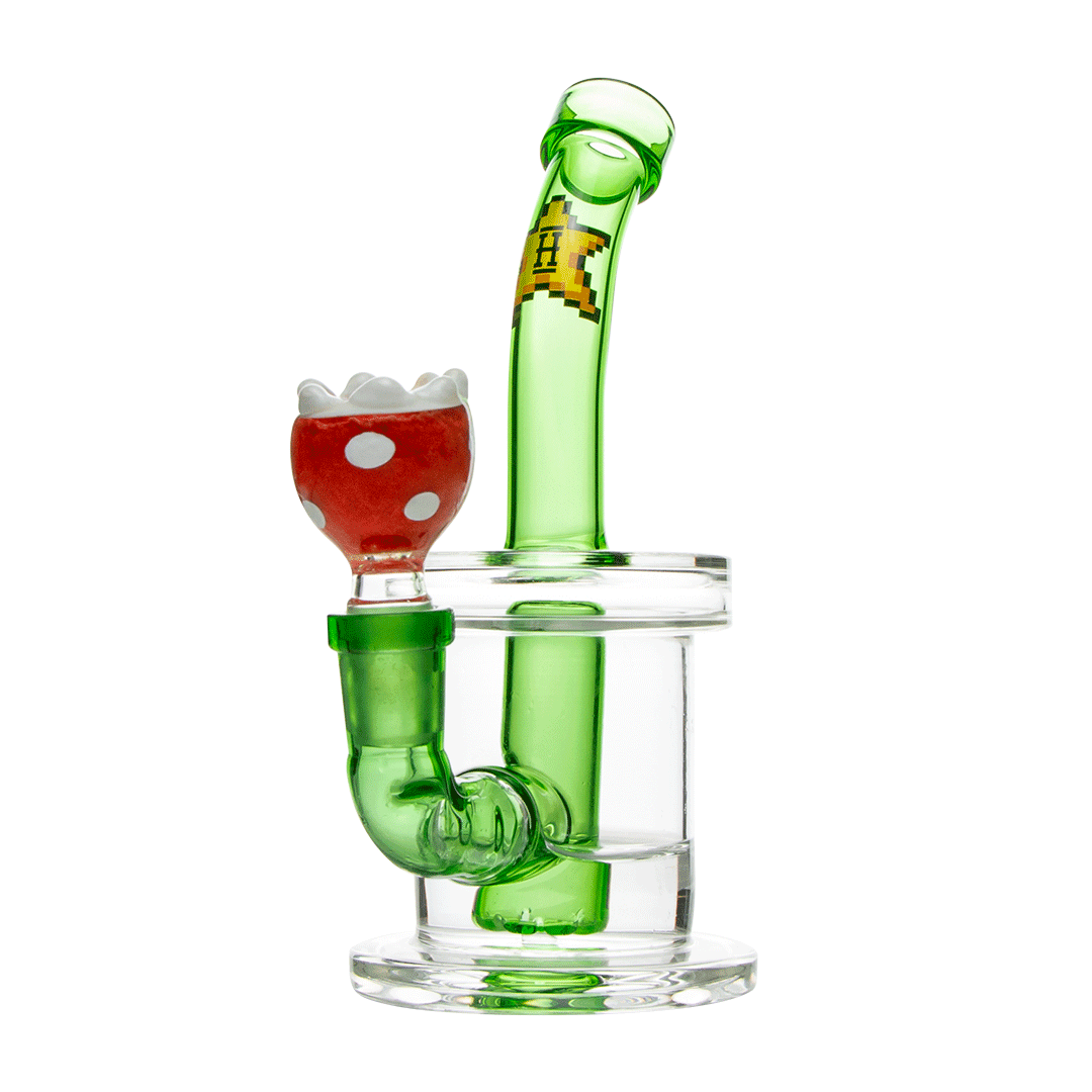 A front view of the Hemper Gaming Bong, showcasing its clear glass construction and unique, rounded design.