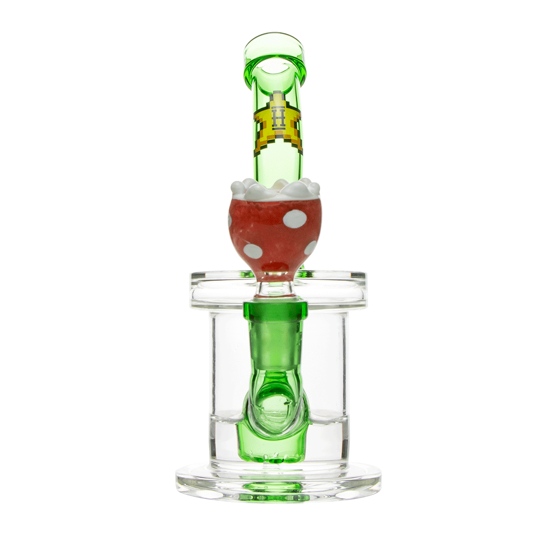Front view of the Hemper Gaming Bong, featuring a clear glass design displayed on a circular stand.