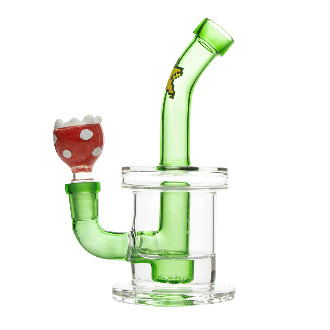 A studio shot of the Hemper Gaming Bong, showcasing its clear glass construction and unique, angled design.
