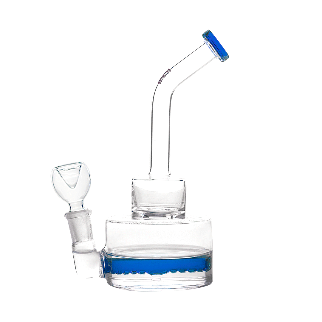 A front view of the Hemper Inline Puck Bong V2| featuring a clear glass construction and a puck-shaped base.