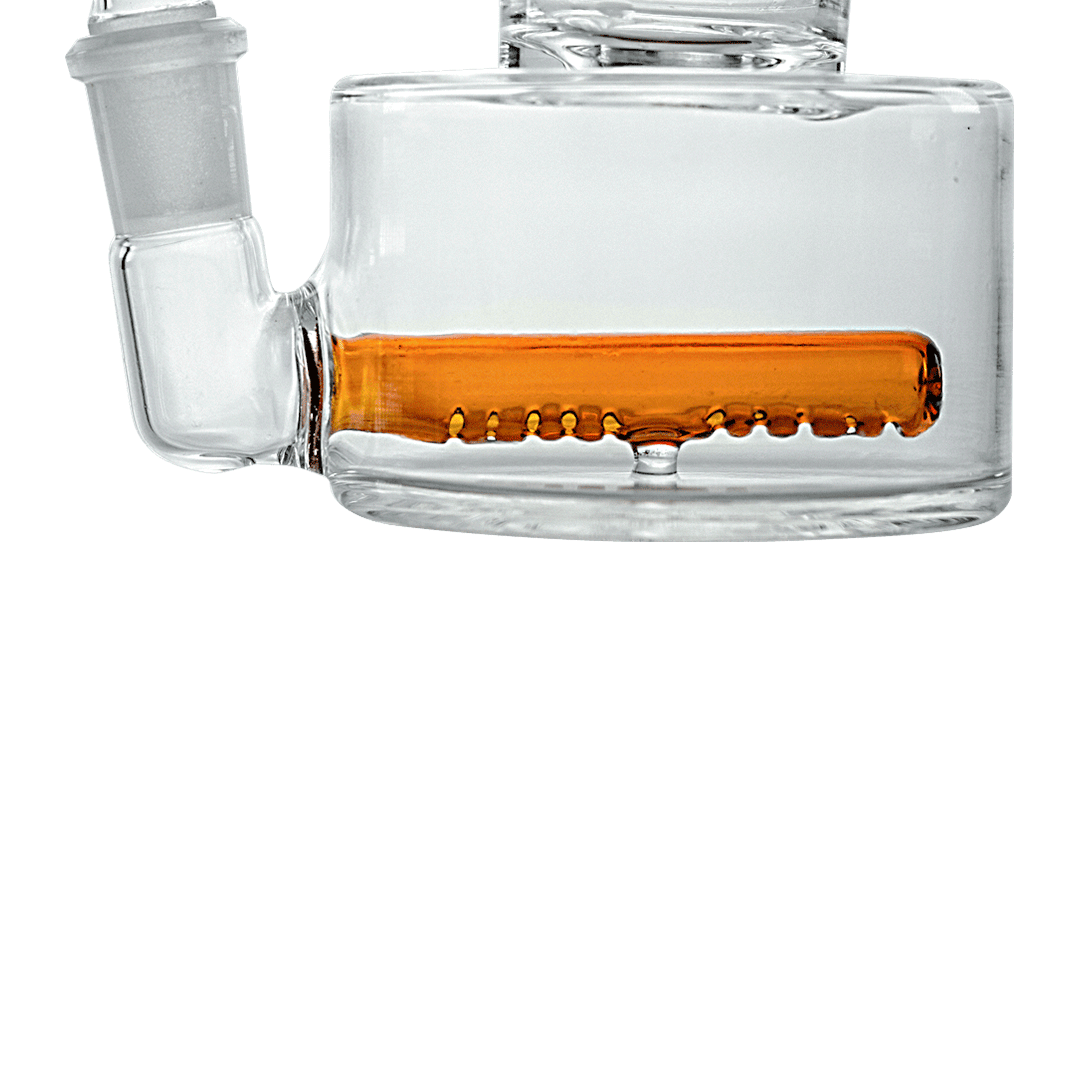 A close-up shot of the Hemper Inline Puck Bong V2| showing its clear glass construction and rounded puck shape.