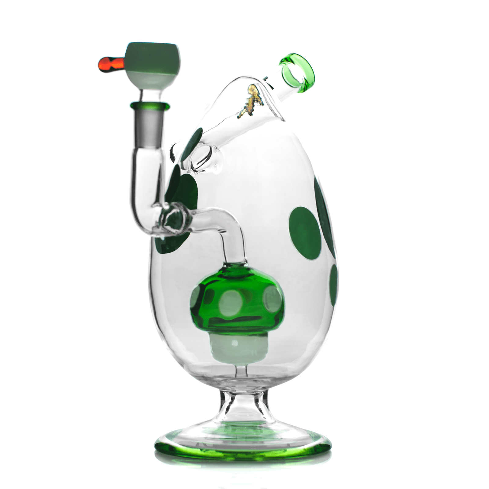 Close-up frontal view of the Hemper Spotted Egg XL Bong showing clear glass with green polka dots and green-accented mouthpiece and base.