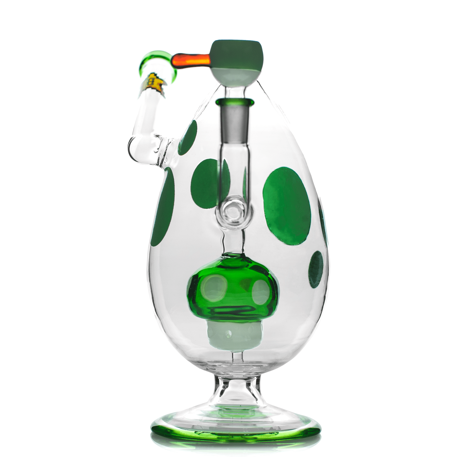 Close-up front view of the Hemper Spotted Egg XL Bong showing its egg-shaped clear glass body with large green polka dots and matching green accents.