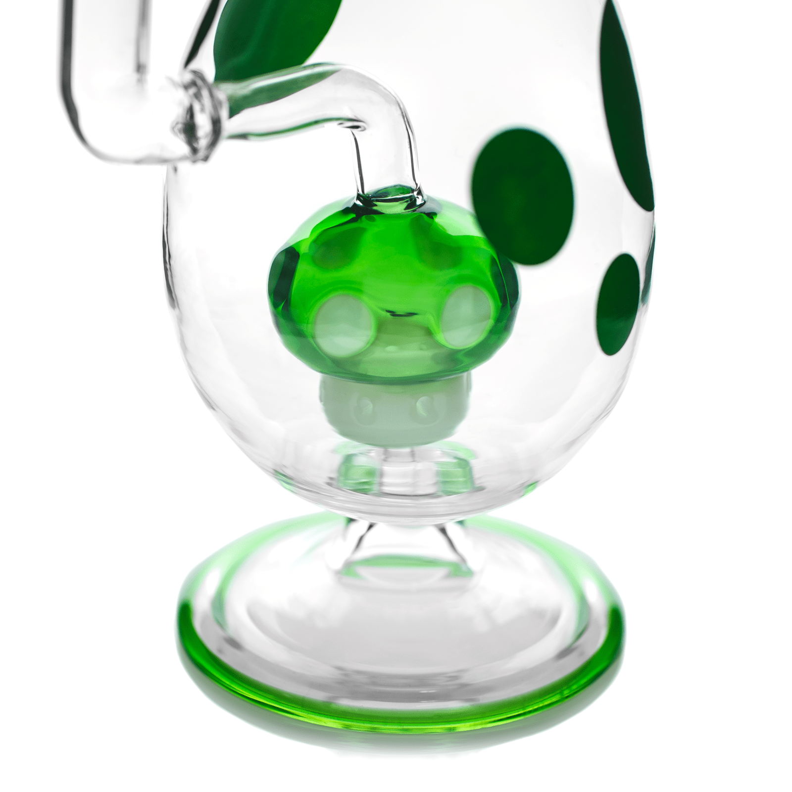Close-up front view of the Hemper Spotted Egg XL Bong showing a green spotted egg-shaped percolator and matching green polka dots on clear glass.