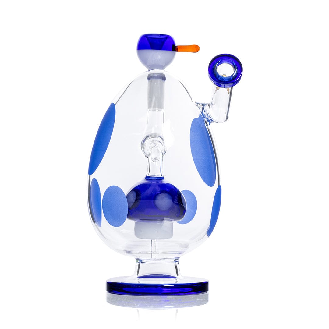 Front-facing shot of the Hemper Spotted Egg XL Bong, a clear egg-shaped glass piece with blue spots, blue accents, and an orange-tipped bowl.