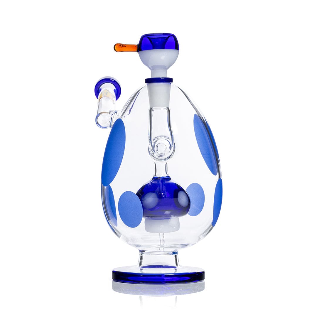 Front view of the Hemper Spotted Egg XL Bong showing a clear egg-shaped body with blue spots, a blue-accented base and bowl.