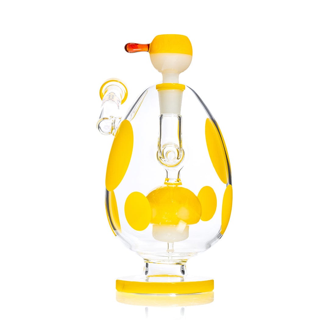 Front-facing view of the Hemper Spotted Egg XL Bong with yellow polka dots and matching yellow accents on a white background.