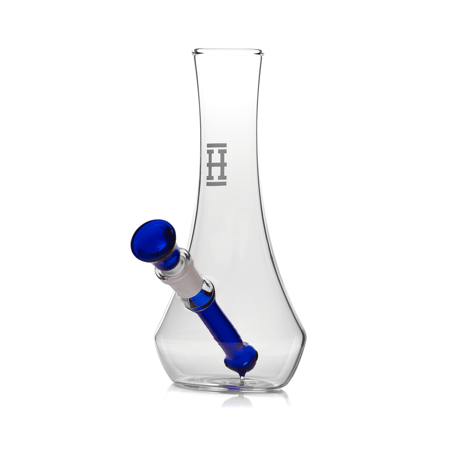 Front view of the Hemper Vase Bong, a clear glass piece with a simple cylindrical shape and blue accent.